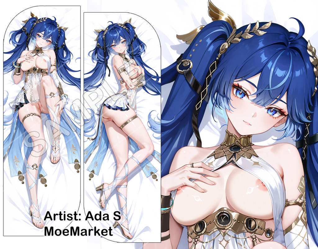 1girls, ada s, ai, ai generated, blue eyes, blue hair, breasts, breasts out, dakimakura, dakimakura design, female, hair ornament, iuno (wuthering waves), long hair, looking at viewer, moemarket, nipples, smile, solo, thigh strap, wuthering waves
