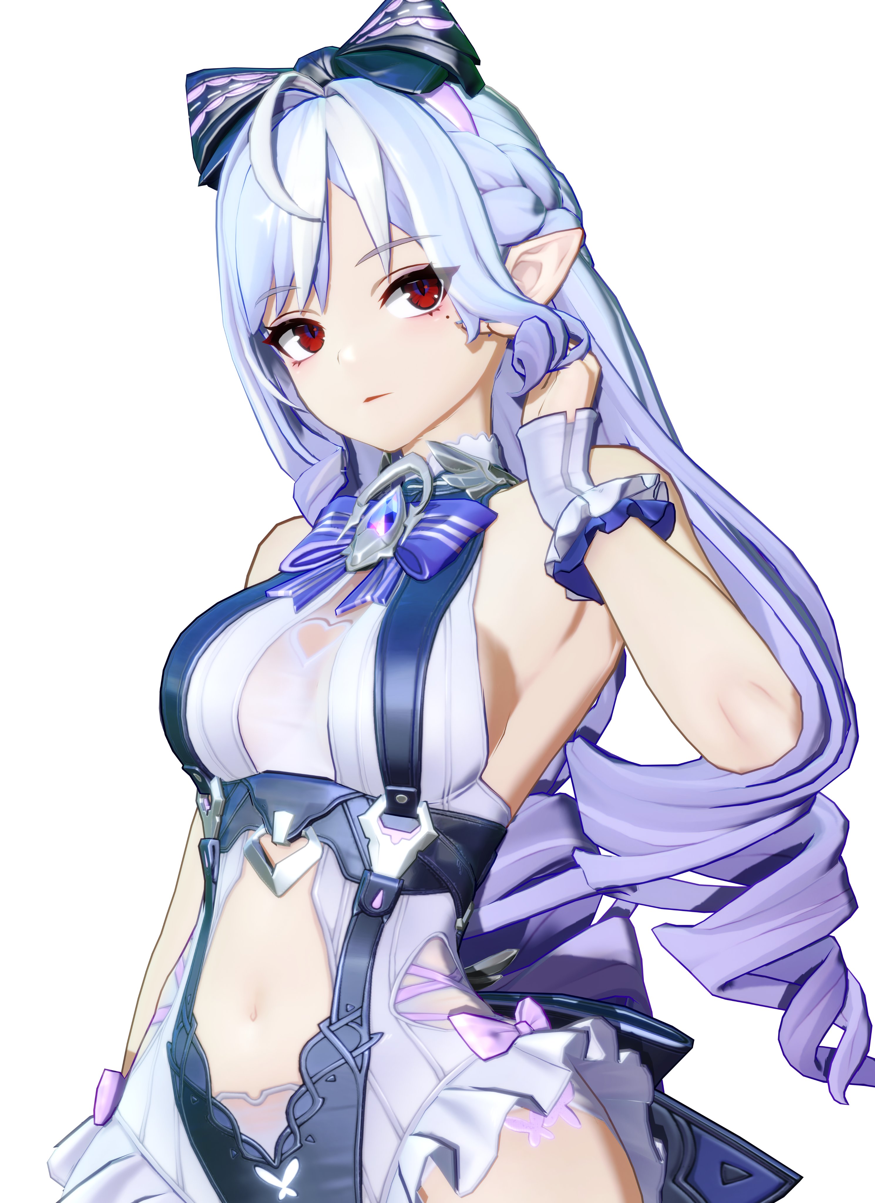 1girls, 3d, 3d (artwork), breasts, exposed breasts, female, hoyoverse, kokomils, legs, long hair, mihoyo, official alternate costume, purple hair, red eyes, swimsuit, vivian banshee, vivian banshee (iris of the shore), white swimsuit, zenless zone zero