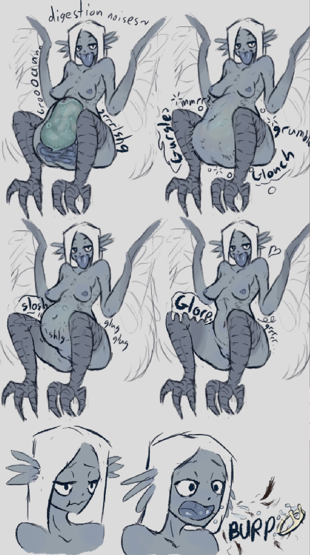 1girls, after vore, belly bulge, burping, color, comic, dfs deep, digestion, female, female pred, female prey, harpy, internal, post vore, solo, stomach bulge, stomach noises, vore, vore belly, x-ray