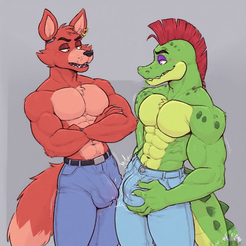 ai generated, alligator, alligator boy, alligator tail, balls, belt, blank background, bulge, bulge fondling, bulge rubbing, bulge through clothing, bulge under clothes, canine, casual, casual masturbation, casual topless, chatting, crossing arms, five nights at freddy's, five nights at freddy's: security breach, fox, fox boy, fox ears, fox humanoid, fox tail, foxy (fnaf), friends, furry, furry balls, furry cock, furry ears, furry male, furry only, furry tail, gay, gay furry, gay male, gray background, jeans, louisistired, male, male focus, male only, male/male, mammal, masturbation, mohawk, montgomery gator (fnaf), nonchalant, penis, precum, precum drip, precum string, precum through clothing, red fur, red hair, same height, scales, security breach, sharp teeth, stain, sweat, touching penis, touching self, two men