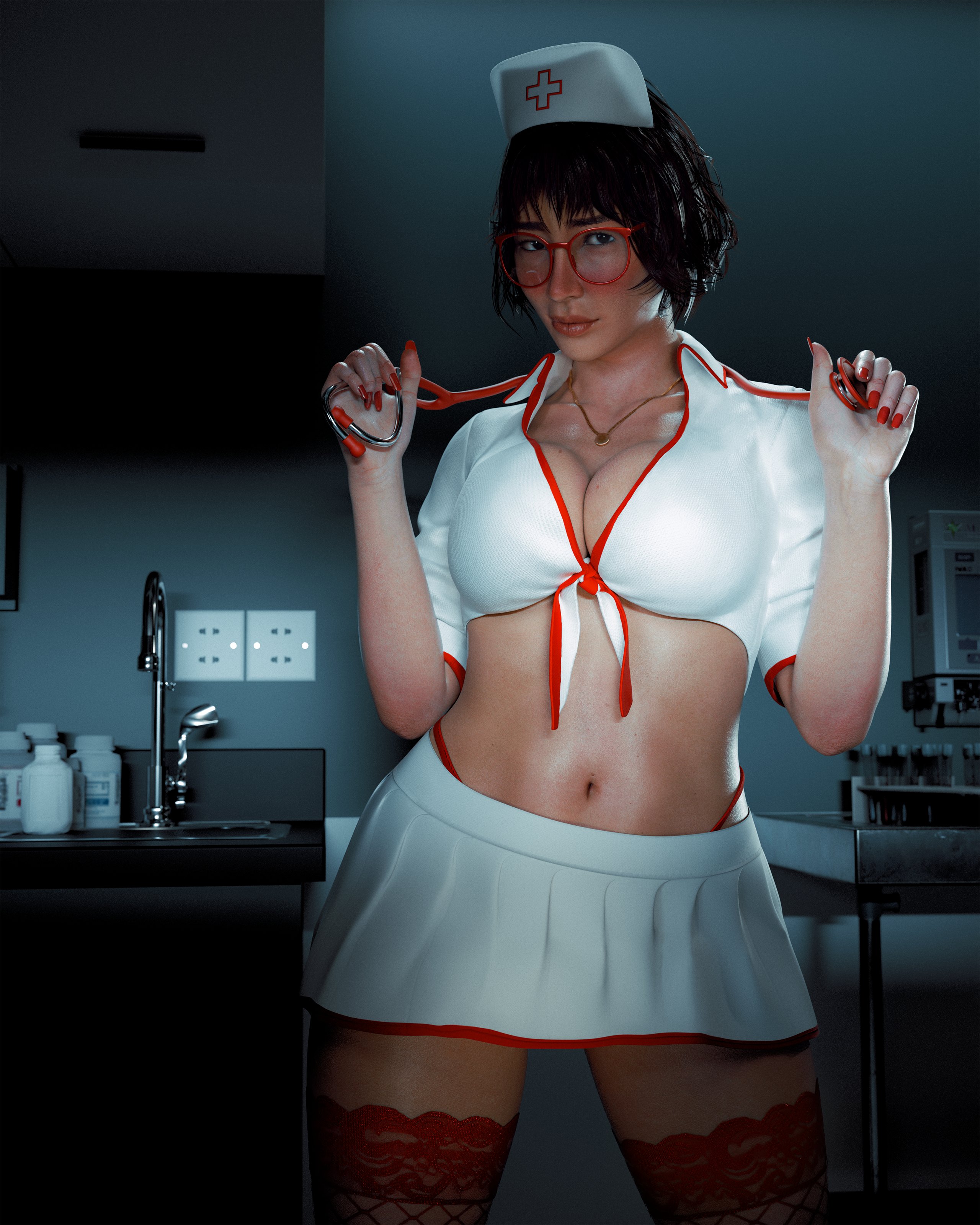 1girls, 3d, back 4 blood, big boobs, big breasts, black hair, black hair female, boobs, breasts, cleavage, clothed, clothed female, doc (back 4 blood), female, female focus, female only, glasses, glasses on face, large boobs, large breasts, light skin, light-skinned female, looking at viewer, nurse, nurse cap, nurse clothing, nurse hat, nurse uniform, nv3d, sexy, sexy body, sexy pose, solo, solo female, solo focus, stethoscope