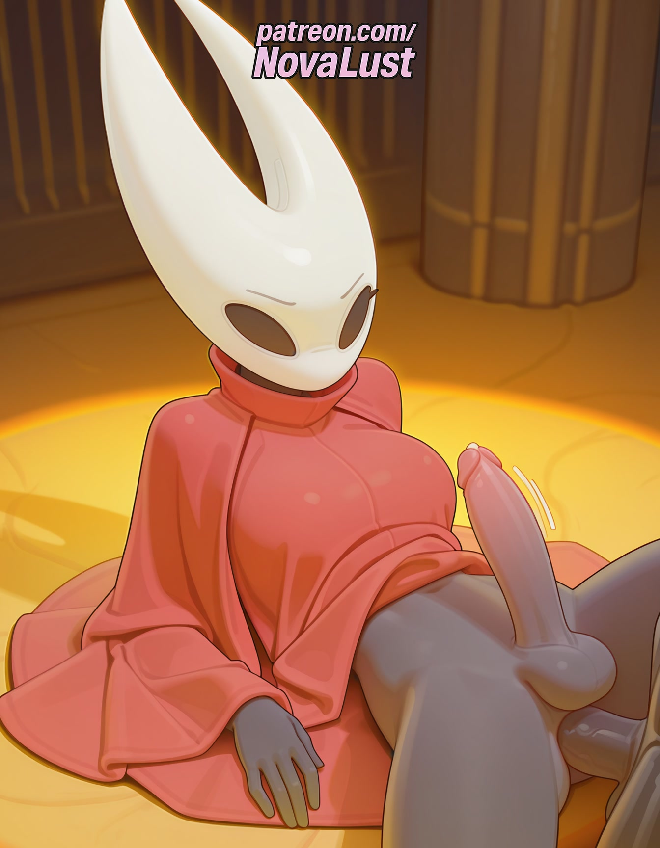 1futa, 2025, ai generated, artist name, balls, bottomless, cock, dick, english text, erection, foreskin, futanari, hi res, high quality, high resolution, highres, hollow knight, hollow knight: silksong, hornet (hollow knight), intersex, male, male focus, novalust, patreon, patreon username, penis, solo, stable diffusion, testicles, uncensored, uncircumcised, watermark