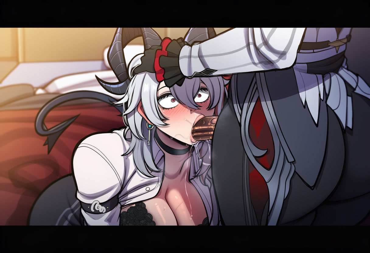 ai generated, arlecchino (genshin impact), big ass, big breasts, big penis, blowjob, blush, bra, breasts, button gap, choker, clothed, clothed sex, deepthroat no hands, deku nerd, earrings, face fucking, fellatio, forced deepthroat, futanari, genshin impact, grabbing horns, grabbing partner, holding horn, horns, hoyoverse, impatient, intersex, kuro games, oral, oral sex, penis, red eyes, saliva, saliva drip, saliva on penis, saliva trail, sex, steamy penis, surprised, sweat, sweat clouds, tail, thick thighs, undone shirt, visible breath, wuthering waves, zani (wuthering waves)