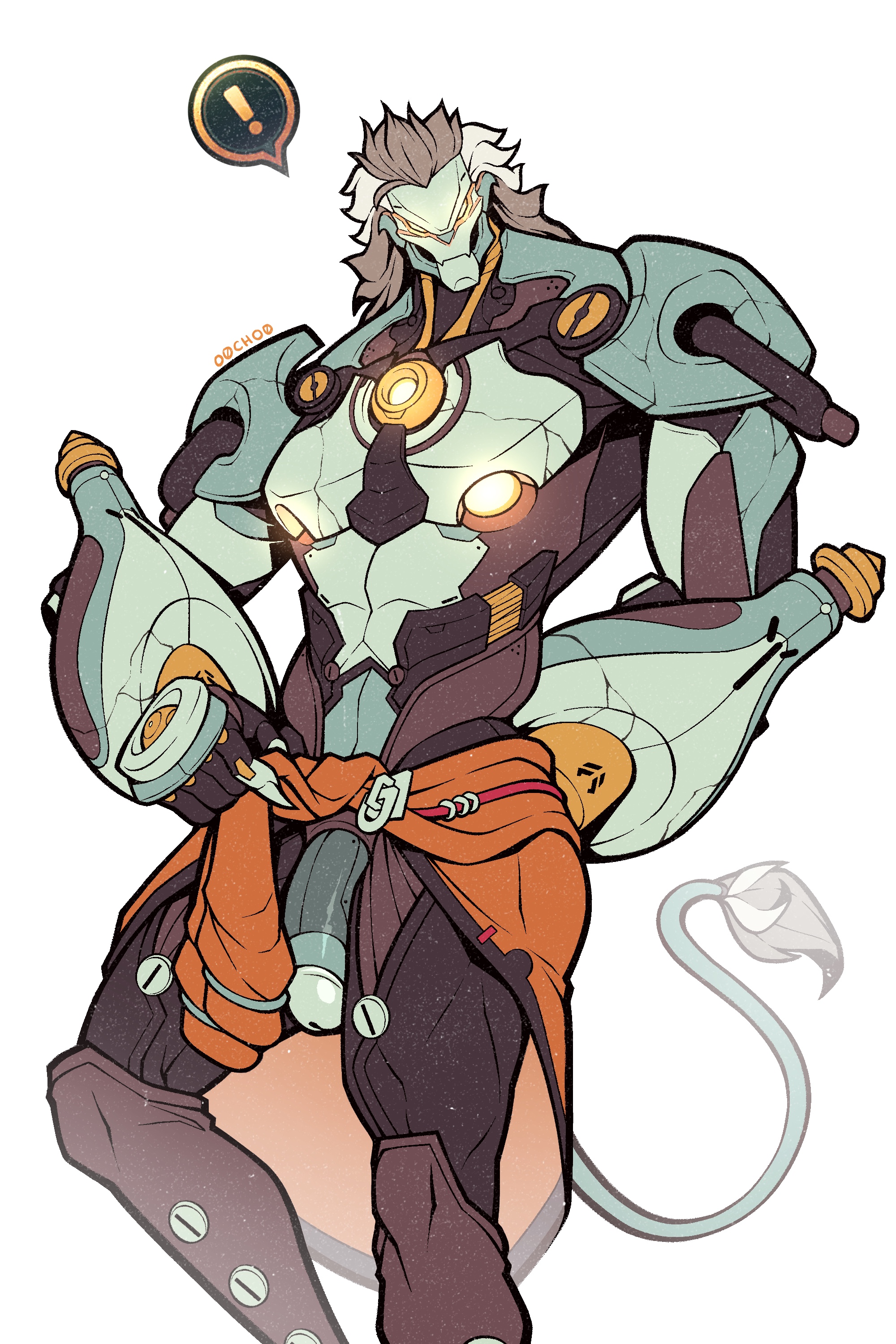 banyue (zenless zone zero), black body, bushy tail, circumcised, clothing aside, flaccid, glowing eyes, glowing nipples, grey hair, grey mane, looking at viewer, male, male only, not erect, o0cho0, penis, robot, robot humanoid, robot penis, soft penis, solo, solo male, surprised, tail, white background, yellow eyes