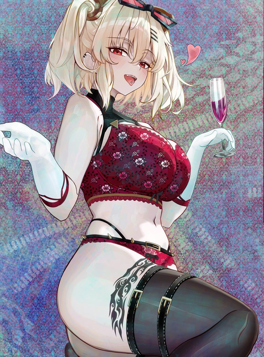 black thighhighs, blonde female, blonde hair, burnice white, eyewear on head, female, hoyoverse, lingerie, mihoyo, red eyes, red lingerie, streaper, thick thighs, thighhighs, tongue out, tongue piercing, wine glass, zenless zone zero