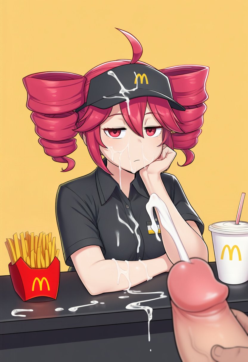 1boy, 1girl1boy, 1girls, ahoge, ai assisted, ai generated, bored, bored expression, bukkake, cashier, clothed, clothed female, clothing, common sense change, counter, cum, cum on bystander, cum on clothes, cum on face, cum string, cumshot, ejaculation, facial, fast food employee, fast food uniform, female, fries, fully clothed, hand on face, kasane teto, kokenaart, looking at viewer, male, male pov, mcdonald's, penis, pov, public, public indecency, red eyes, red hair, soda, straight, twin drills, unamused, unbothered, utau, visor cap