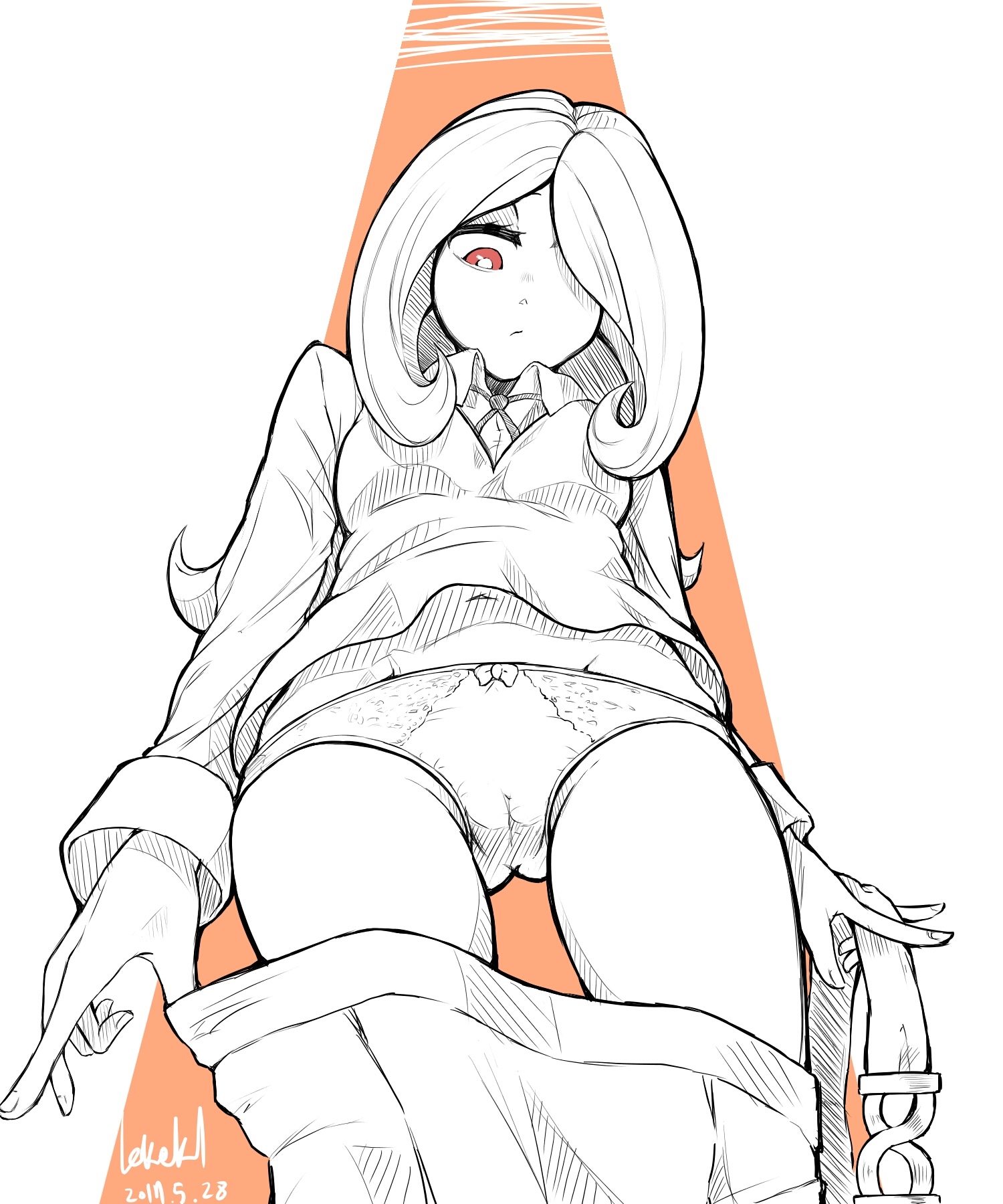 10s, bad id, bad pixiv id, belt, cameltoe, female, female focus, female only, from below, hair over one eye, highres, ice keki, little witch academia, navel, panties, red eyes, simple background, skirt, solo, sucy manbavaran, underwear, undressing, unworn belt, unworn skirt