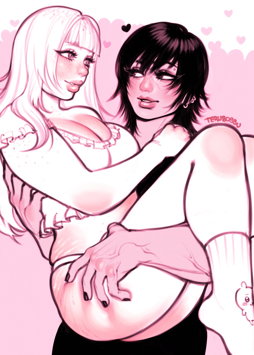 2girls, artist name, artist signature, bangs, barbara (terrubossu), belén (terrubossu), black nail polish, black nails, blush, blush lines, blushing female, body blush, body freckles, breasts, bridal carry, carrying, carrying another, carrying partner, carrying person, chiikawa, chiikawa (character), cleavage, crop top, curvy, curvy female, dark hair, ear piercing, earrings, eyebrow piercing, female, freckles, freckles on arms, freckles on breasts, freckles on face, freckles on shoulders, fully clothed, fully clothed female, heart symbol, height difference, hip grab, holding leg, large breasts, light, light skin, limited palette, long hair, long hair female, looking at another, looking at partner, medium-haired female, monochrome, muscular, muscular female, original character, panties, piercing, piercings, plump lips, ruffles, scar, scar on face, simple background, skinned female, socks, stretch marks, tan skin, tan-skinned female, terubossu, thigh grab, underwear, veiny arms, veiny hands, white panties, yuri