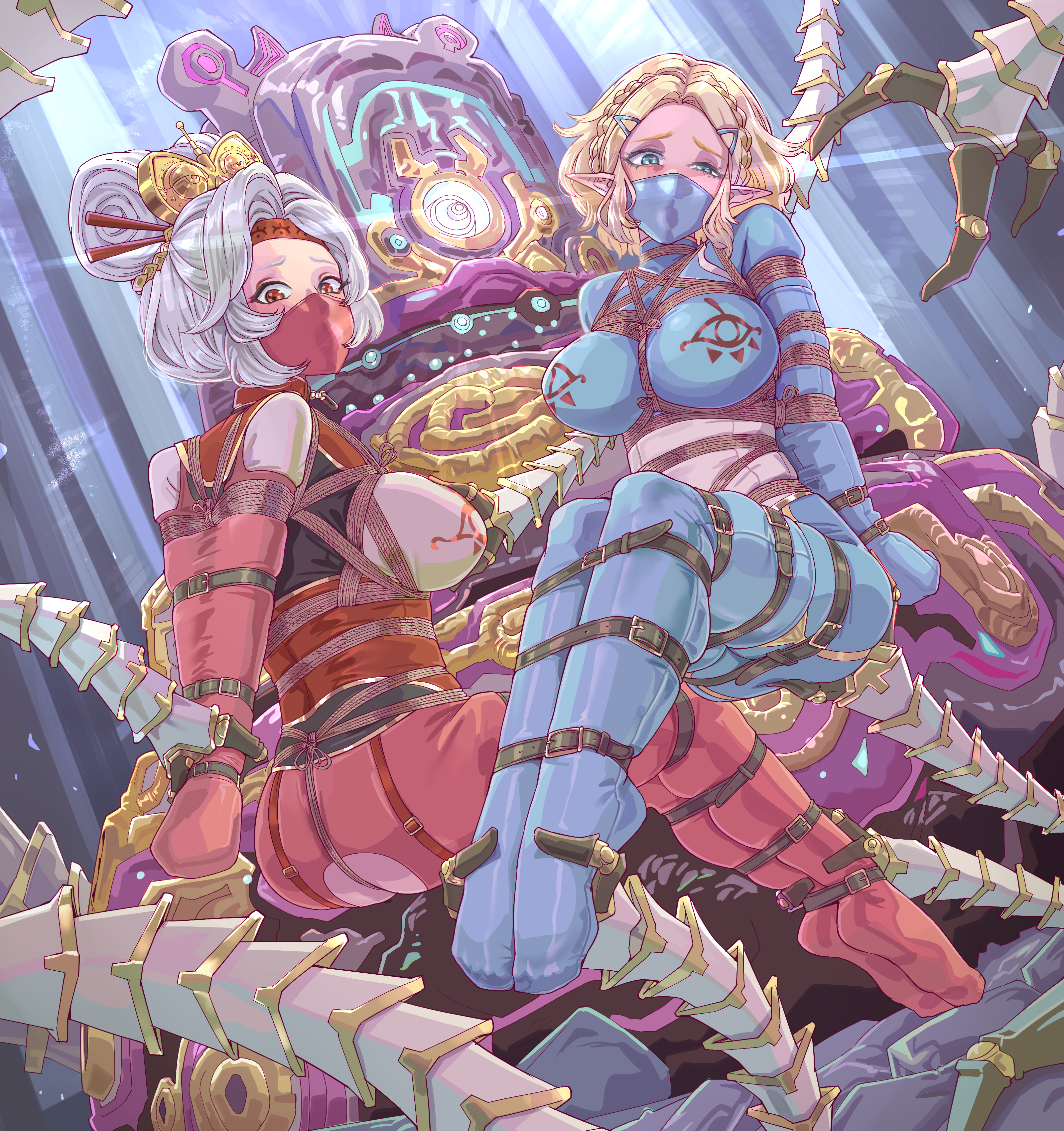 2girls, armbinder, bodysuit, bondage, bound, female, female focus, female only, femsub, gagged, leveen, nintendo, princess zelda, purah, purah (tears of the kingdom), restrained, tears of the kingdom, the legend of zelda, zelda (tears of the kingdom)