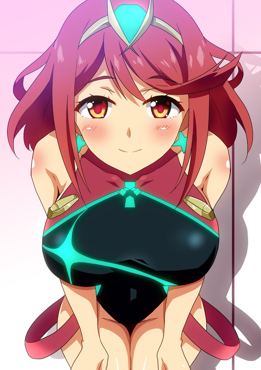 1girls, blush, breasts, female, hera (hara0742), large breasts, looking at viewer, pyra, red eyes, red hair, smile, swimsuit, xenoblade (series), xenoblade chronicles 2
