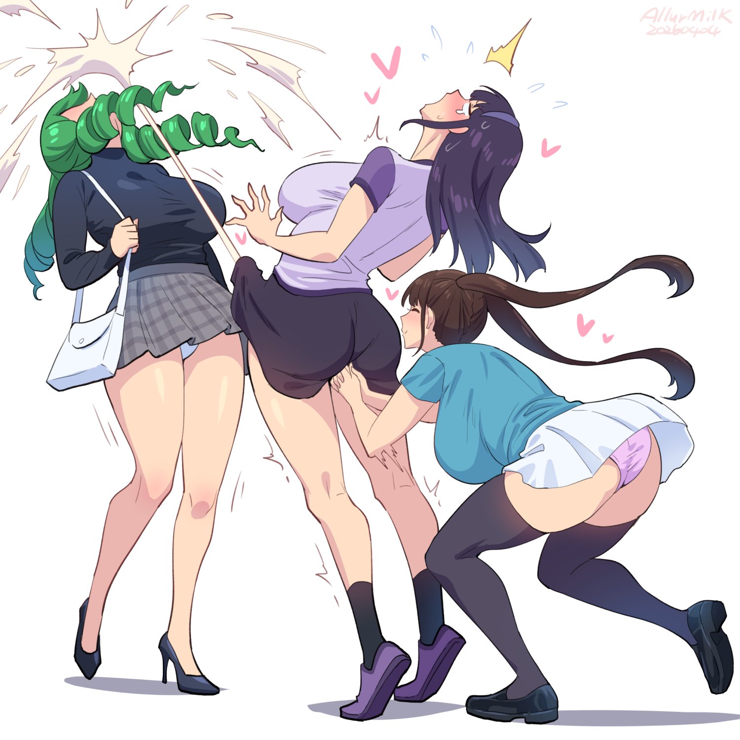 1futa, 2girls, allurmilk, black hair, brown hair, comedy, crouching, cum, cum on face, cum through clothes, cumming, female, finger in another's ass, finger in ass, fingers in anus, funny, futanari, green berennice, green hair, high heels, huge penis, kanchou, meme, meme template, mizuki nanami, original, original characters, panties, projectile cum, skirt, standing, surprised, thousand years of death, tiptoes, tzuyin hsieh, upskirt, zheng