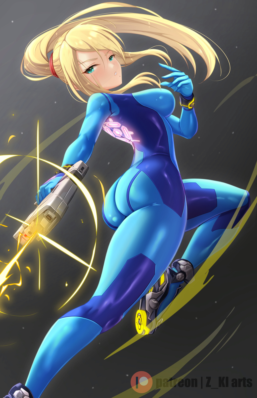 1girls, ass, blonde hair, blue eyes, bodysuit, breasts, female, female only, fully clothed, gun, highres, large breasts, long hair, metroid, nintendo, ponytail, samus aran, shiny ass, shiny clothes, solo, tight clothing, weapon, z-ki, zero suit, zero suit samus