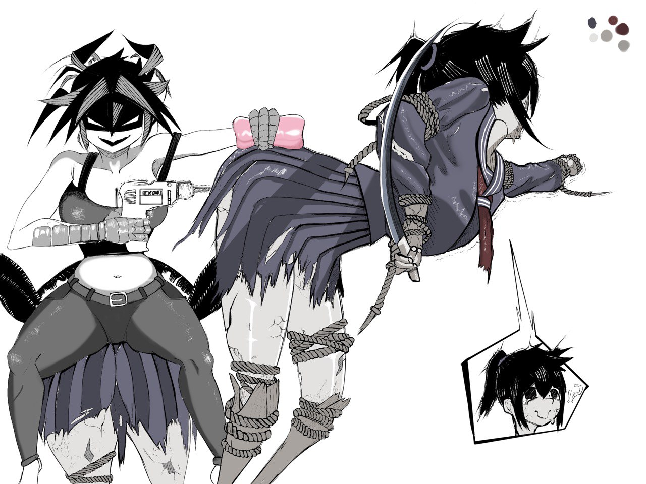 !?, 2girls, artist name, artist request, ass, ass grab, ayakakashi, black hair, breasts, cleavage, confused, confused face, confused look, confusion, drill, female, female focus, female only, fleshlight position, harpy, harpy girl, holding, holding object, large breasts, monster, monster girl, onahole, pocket pussy, ponytail, power drill, sailor collar, scarecrow, school uniform, schoolgirl, schoolgirl uniform, silent hill, silent hill f, tools, unexpected, unknown artist, white background