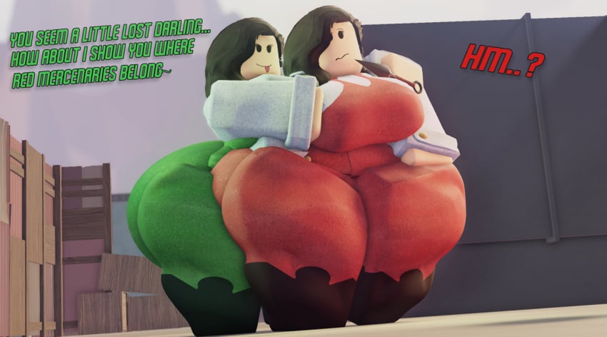 2girls, 3d, agent (rolve), big breasts, breasts, clothed, english text, female, female only, female/female, roblox, roblox game, robloxian, rolve, sillyjuices, tagme, text, thick thighs, thighs, typical colors 2