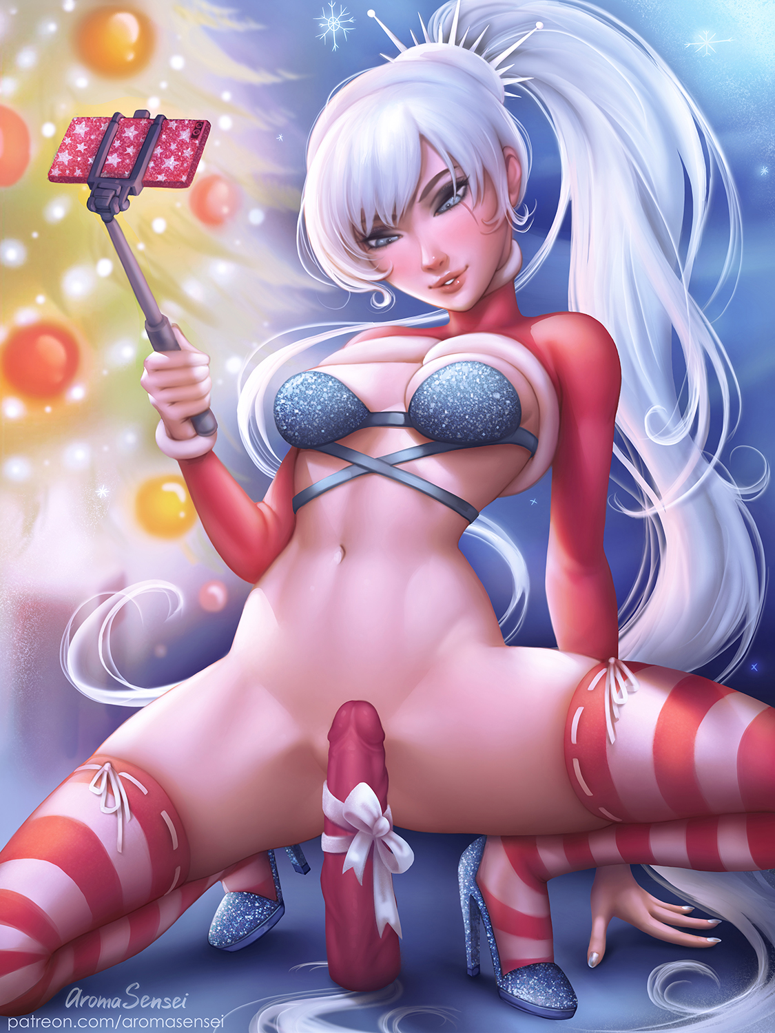 aroma sensei, blue eyes, bra, christmas, christmas outfit, cleavage, dildo, female, high heels, long hair, no panties, rwby, selfie stick, sex toy, skindentation, solo, squatting, striped legwear, thighhighs, weiss schnee, white hair