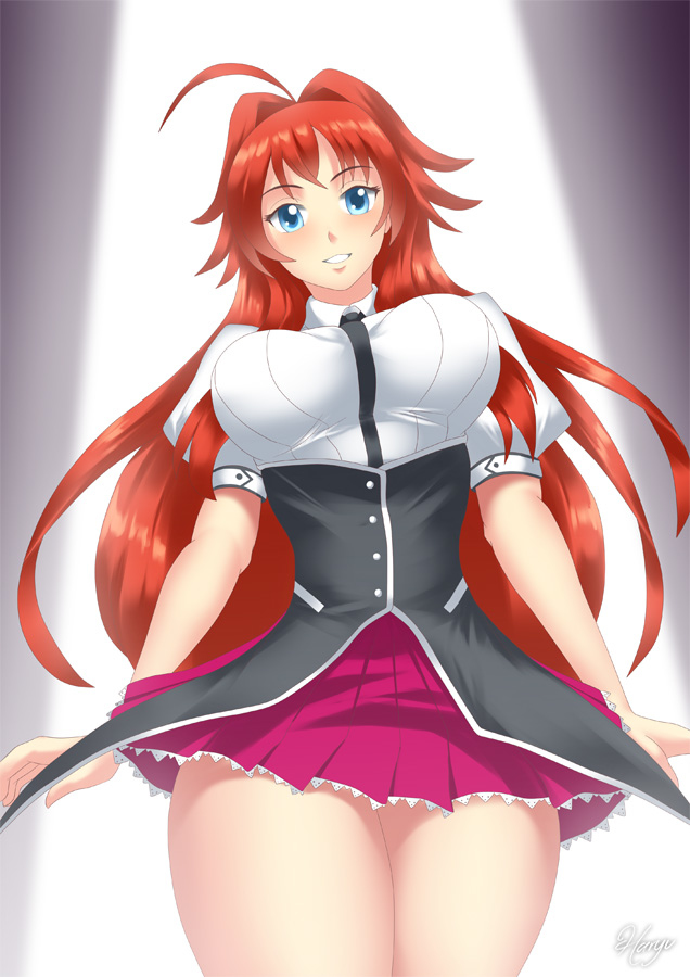 antenna_hair blue_eyes blush devil eyebrows_visible_through_hair fully_clothed haryu_(artist) haryudanto high_school_dxd large_breasts long_hair looking_at_viewer red_hair rias_gremory school_uniform short_skirt smile thick_thighs very_long_hair