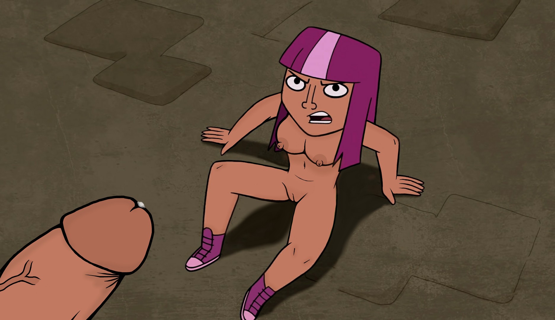 angry, angry expression, archer (clash of clans), breasts, clash (series), clash a rama, clash of clans, completely nude, edit, female, indoors, long hair, looking at viewer, male, mouth open, multicolored hair, nude, nude female, penis, pink hair, precum, pussy, screencap, screenshot, screenshot edit, shoes, sitting, spread legs, the glassknight, veiny penis