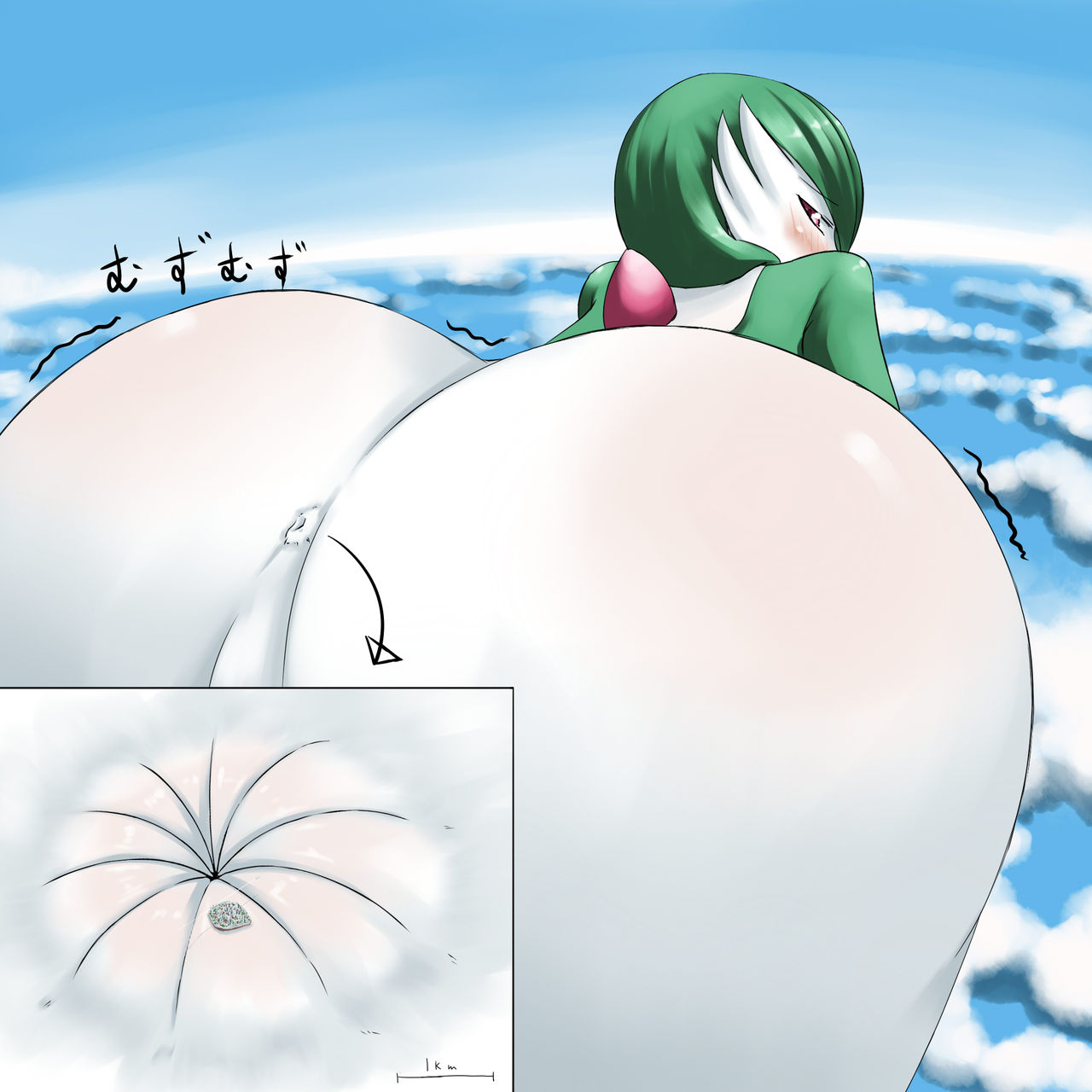 1girls anus blush breasts close-up clouds color female female_gardevoir female_only from_behind gardevoir giantess green_hair huge_ass macro nintendo ochiko ochiko_terada pokémon_(species) pokemon pokemon_(species) pokemon_rse red_eyes solo white_skin