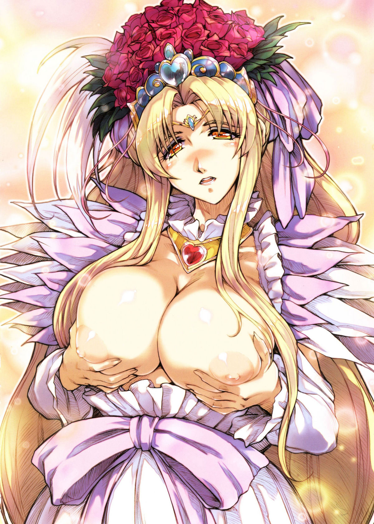 aphrodite_(pretty_cure) aphrodite_(suite_precure) areolae blonde_hair blush breast_hold breasts breasts_out clothing dress female flower hisahiko large_breasts long_hair looking_at_viewer milf nipples open_mouth precure pretty_cure puffy_nipples solo upper_body very_long_hair yellow_eyes