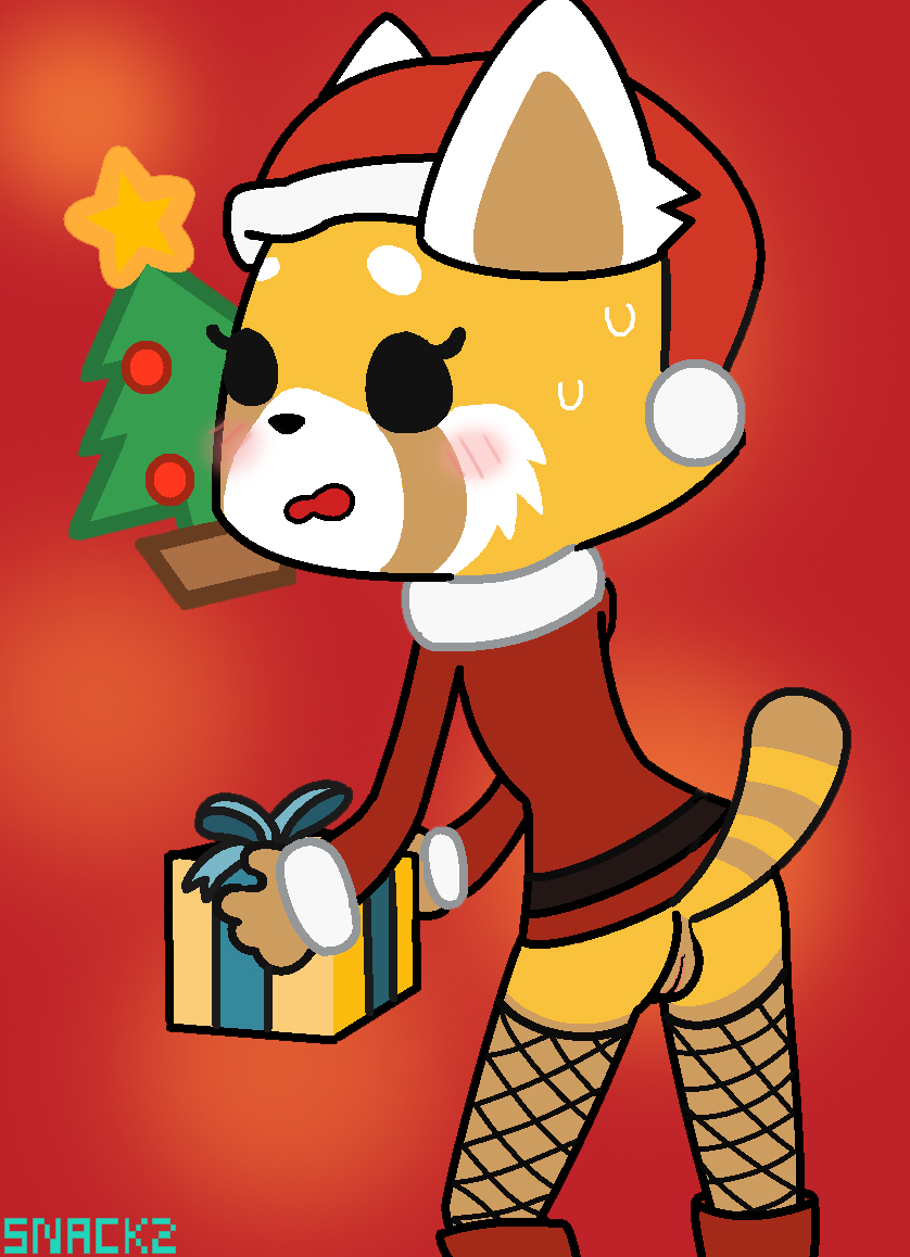 2018 aggressive_retsuko ailurid ass blush christmas clothing female fur gift gift_wrapped hat holidays looking_back mammal nervous pussy red_panda retsuko santa_hat simple_background smooth_skin snack2 solo tree