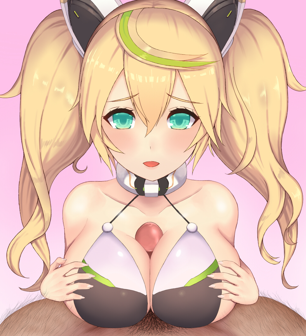 1boy 1girls bikini blonde_hair blue_eyes blush breast_squeeze breasts dark-skinned_male dark_skin female gene_(pso2) hair_between_eyes large_breasts light-skinned_female light_skin male multicolored_hair paizuri paizuri_under_clothes penis phantasy_star phantasy_star_online phantasy_star_online_2 swimsuit twintails two-tone_hair