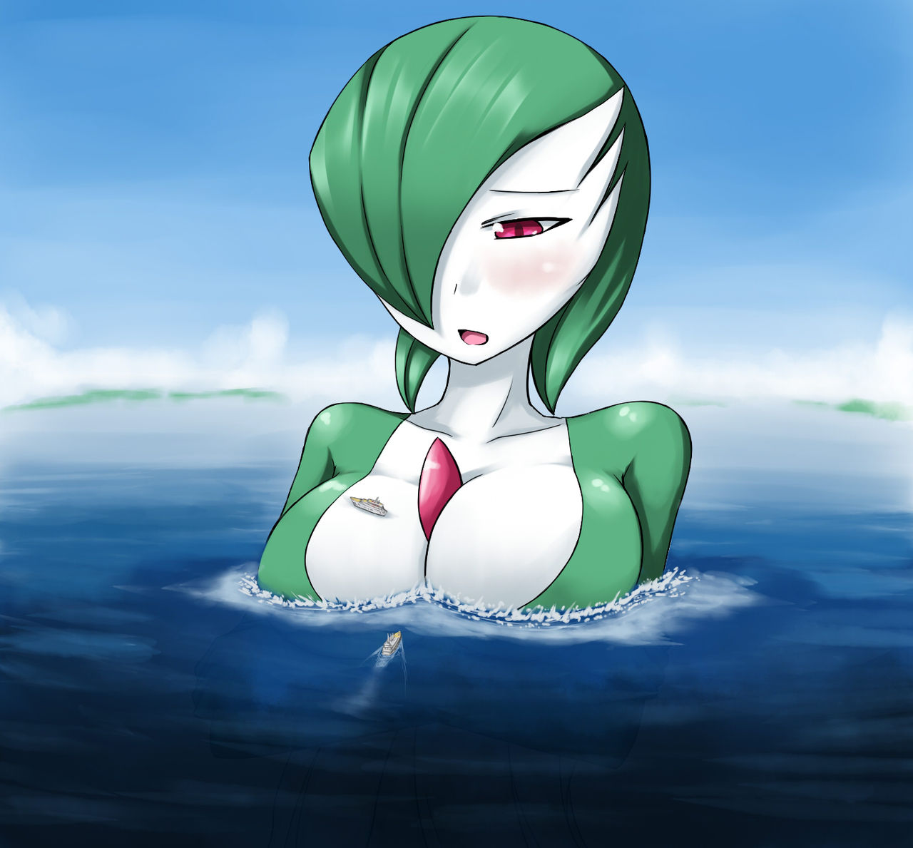 1girls blush boat breasts color cruise_ship female female_gardevoir female_only gardevoir giantess green_hair macro mouth_open nintendo ochiko ochiko_terada pink_eyes pokémon_(species) pokemon pokemon_(species) pokemon_rse solo water white_skin