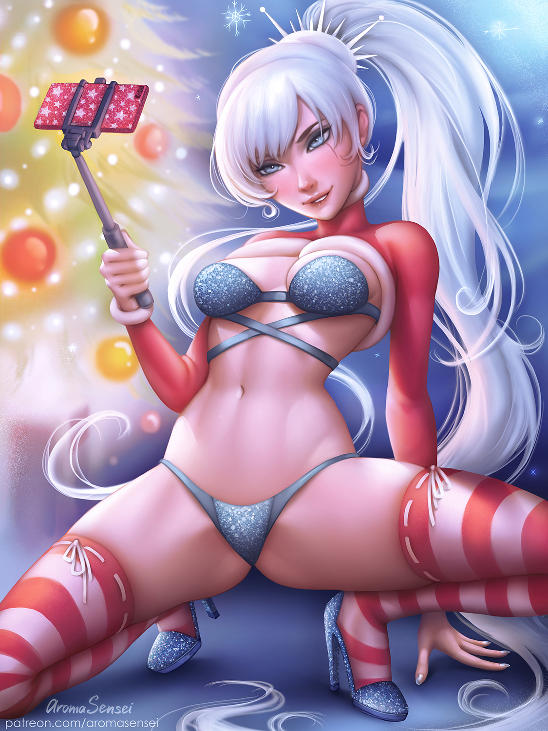 aroma sensei, blue eyes, bra, christmas, christmas outfit, cleavage, female, high heels, long hair, panties, rwby, selfie stick, skindentation, solo, squatting, striped legwear, thighhighs, weiss schnee, white hair