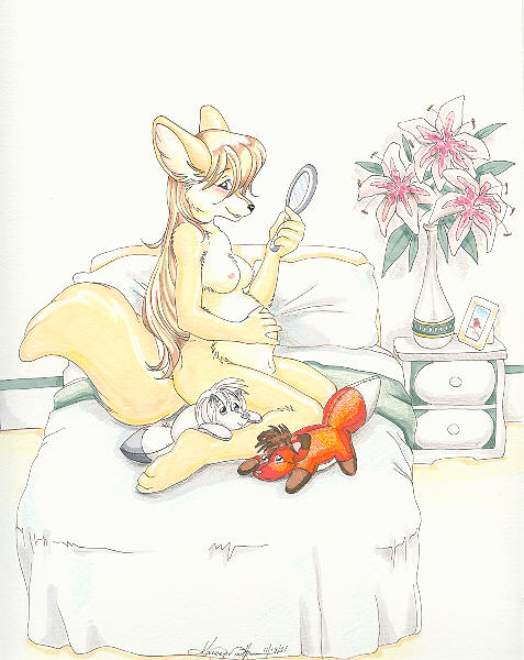 animal_genitalia anthro bed blush brown_hair canine chakona_space dickgirl fennec flower fox fully_sheathed fur hair hand_on_belly hand_on_stomach intersex kacey kris_fletcher leanna_fennec mammal mirror pillow plant plushie pregnant sheath solo trina_snowfox yellow_fur