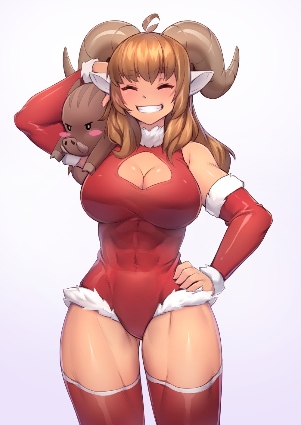 1girls, abs, breasts, caprine, cleavage, ewe, female, female only, horns, iwbitu, monster girl, sheep, sheep ears, sheep girl, sheep horns, solo, thighhighs