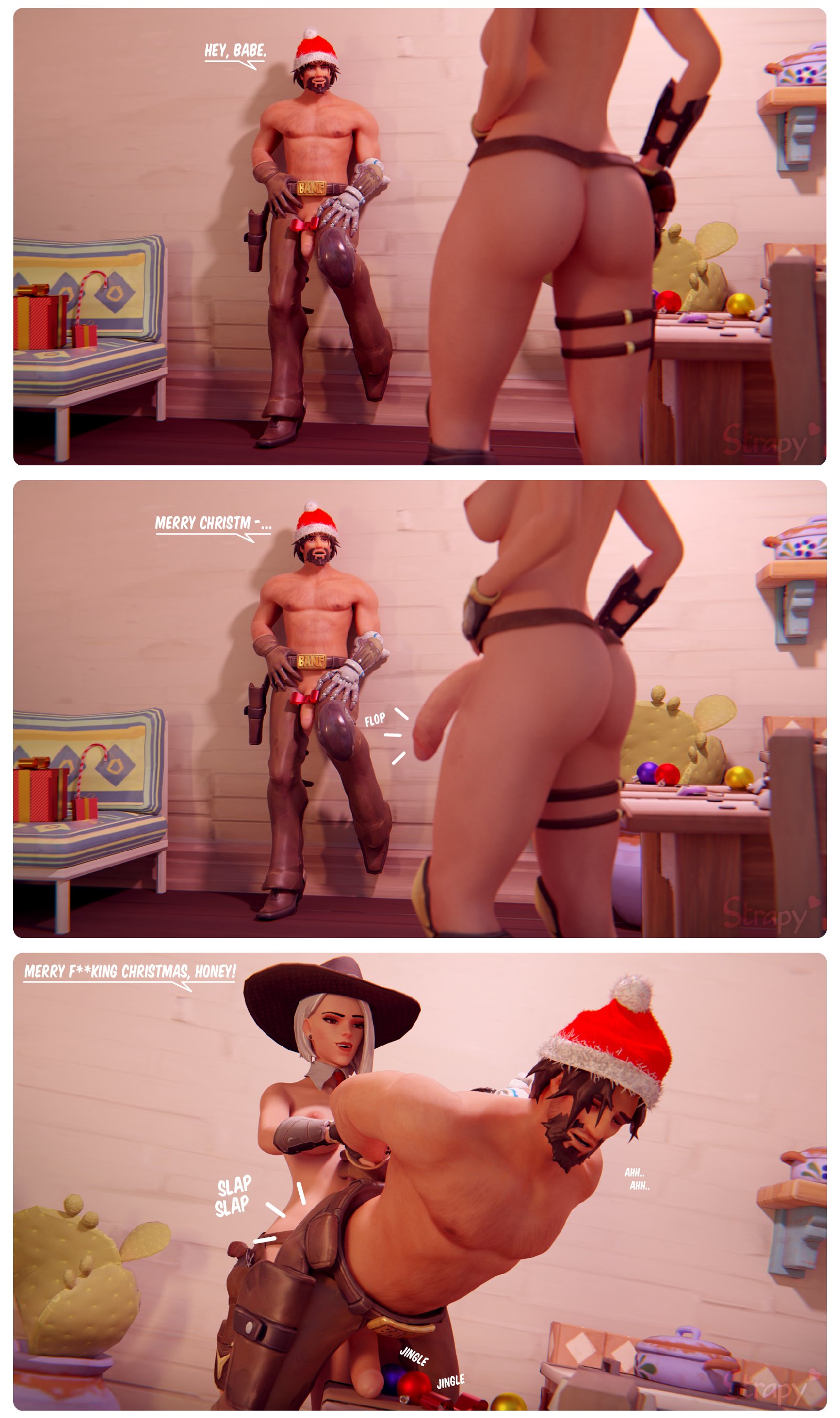 3d, anal, areolae, ashe (overwatch), ass, big penis, blender, breasts, cole cassidy, cowboy hat, dickgirl, erection, futa is bigger, futa on male, futadom, futanari, huge cock, intersex, large ass, large penis, male, nipples, overwatch, penis, penis size difference, ribbon, strapy, thick penis
