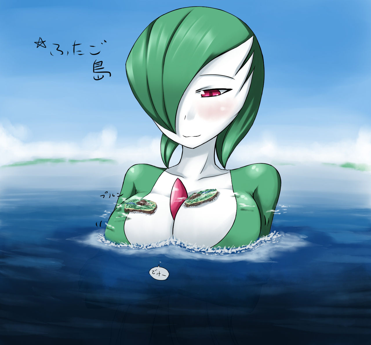 1girls blush boat breasts color cruise_ship destruction female female_gardevoir female_only gardevoir giantess green_hair huge_breasts japanese_text macro nintendo ochiko ochiko_terada pink_eyes pokémon_(species) pokemon pokemon_(species) pokemon_rse smile solo translation_request water white_skin