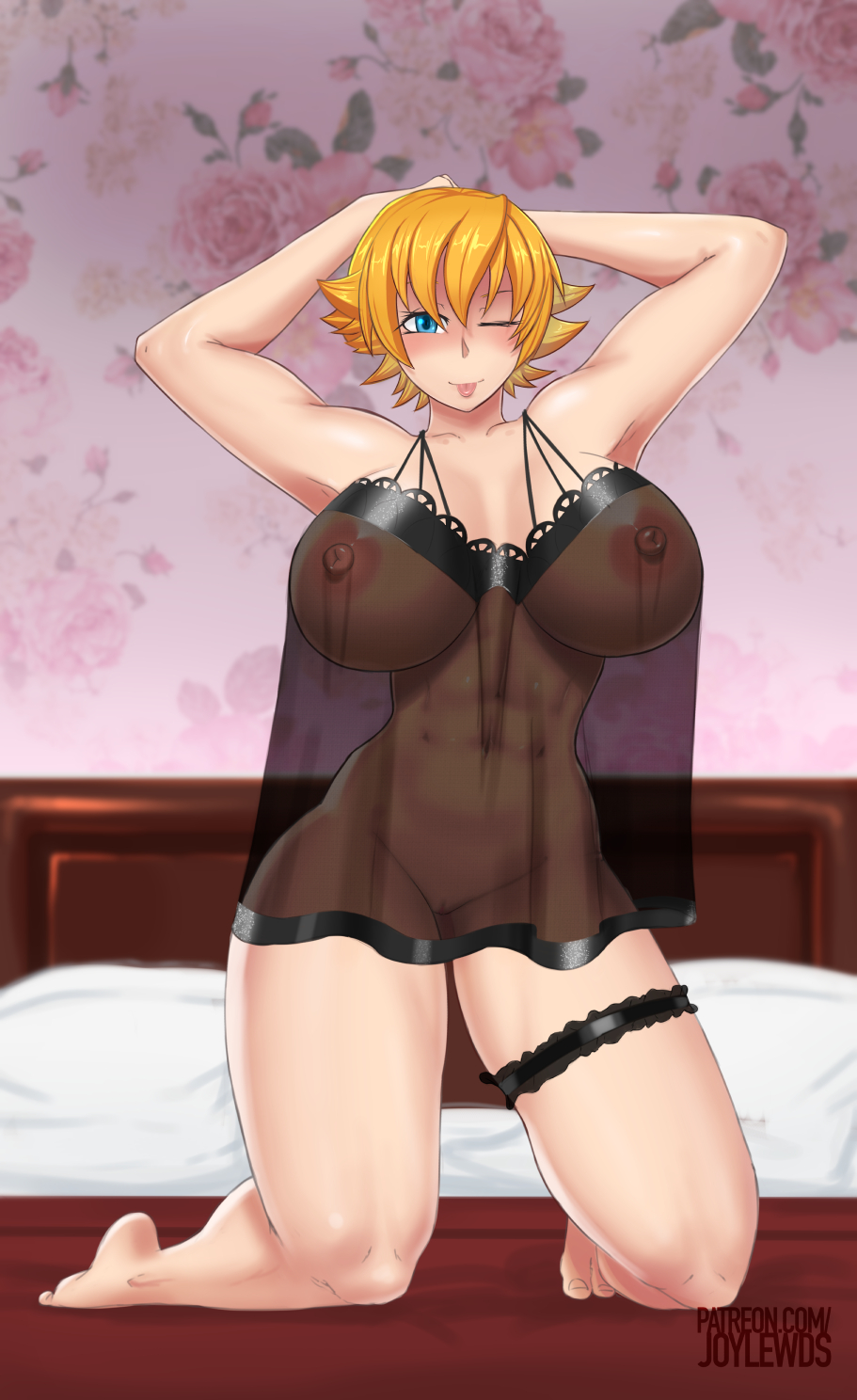 1girls, abs, armpits, arms behind head, arms up, ass, barefoot, blonde hair, breasts, erect nipples, feet, female, female only, huge ass, huge breasts, igawa sakura, joylewds, lilith-soft, lingerie, looking at viewer, muscular, muscular female, nipples, see-through, smile, solo, taimanin (series), taimanin asagi, text, thick thighs, thigh strap, thighs, tongue, tongue out, url, voluptuous, watermark, wide hips