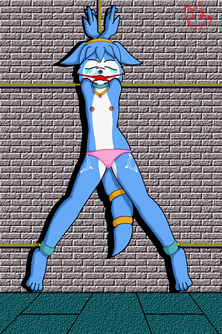 anthro barefoot blue_fur blue_hair blue_nose bound choker closed_eyes clothes color female female_only flat_chest fox front_view fur furry furry_ears furry_tail gag gagged hair jewelry krystal lonefox necklace nipples panties pointy_ears short_hair solo star_fox tail tear topless white_fur