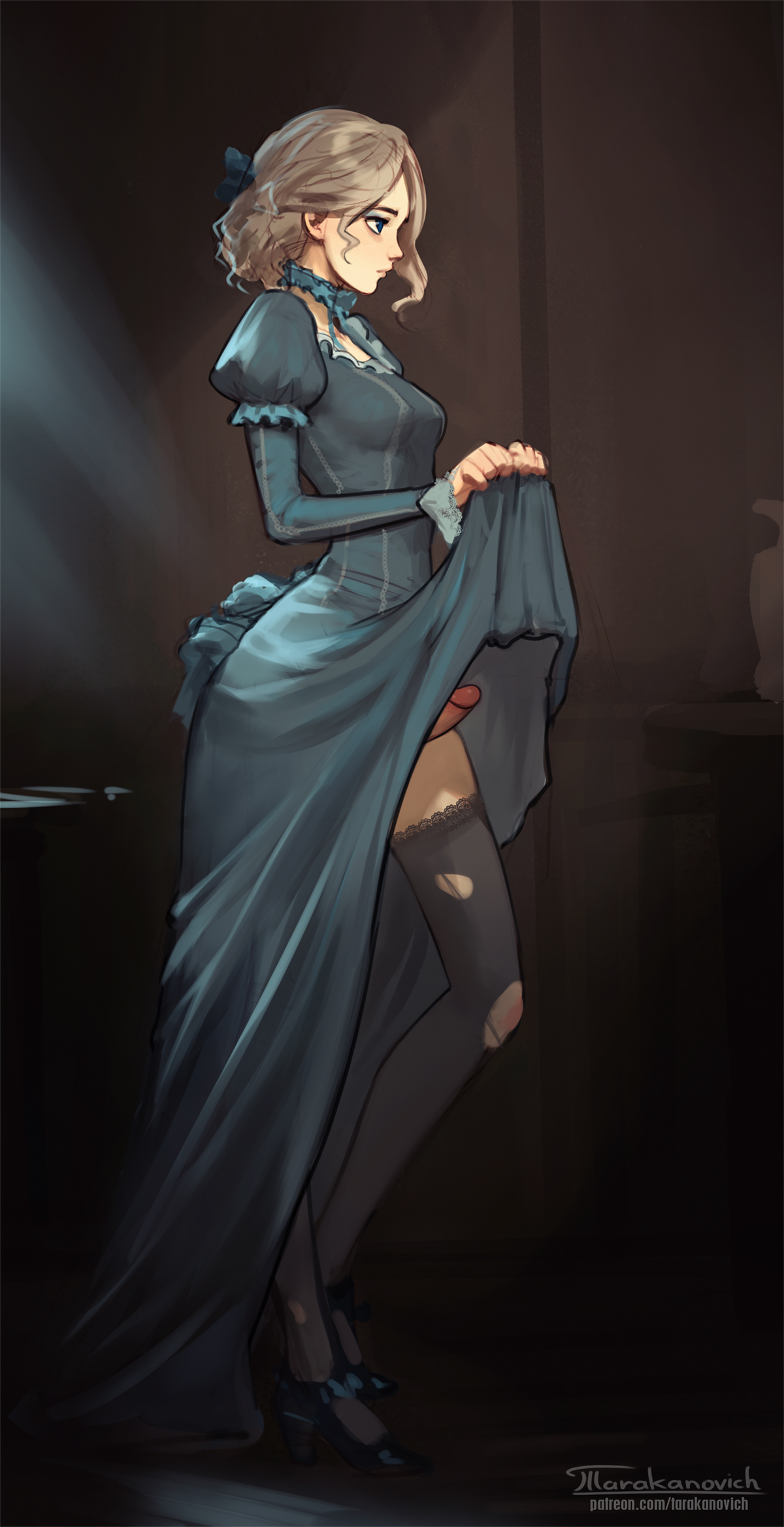1futa, anna (tarakanovich), blue dress, bottomless skirt, breasts, brown hair, dickgirl, dress lift, erect penis, erection, erection under clothes, erection under skirt, futa only, futanari, higher resolution available, intersex, original, penis, penis out, penis under clothes, penis under dress, penis under skirt, ripped clothing, skirt, skirt lift, small breasts, solo, stockings, tarakanovich, thighhighs