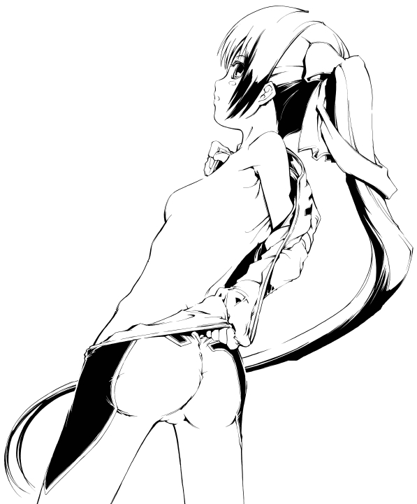 1girls kamishiro_mana kishin_taisen_gigantic_formula kyoutarou long_hair monochrome ponytail solo tied_hair undressing very_long_hair