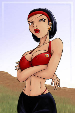 alien bajoran_(species) big_breasts breasts busty cleavage earlobe_ring eyeliner female hairband headband humanoid lipstick lowres navel nipple_bulge nose_ridges pouting red_hairband ro_laren skirt star_trek star_trek_the_next_generation thong voluptuous