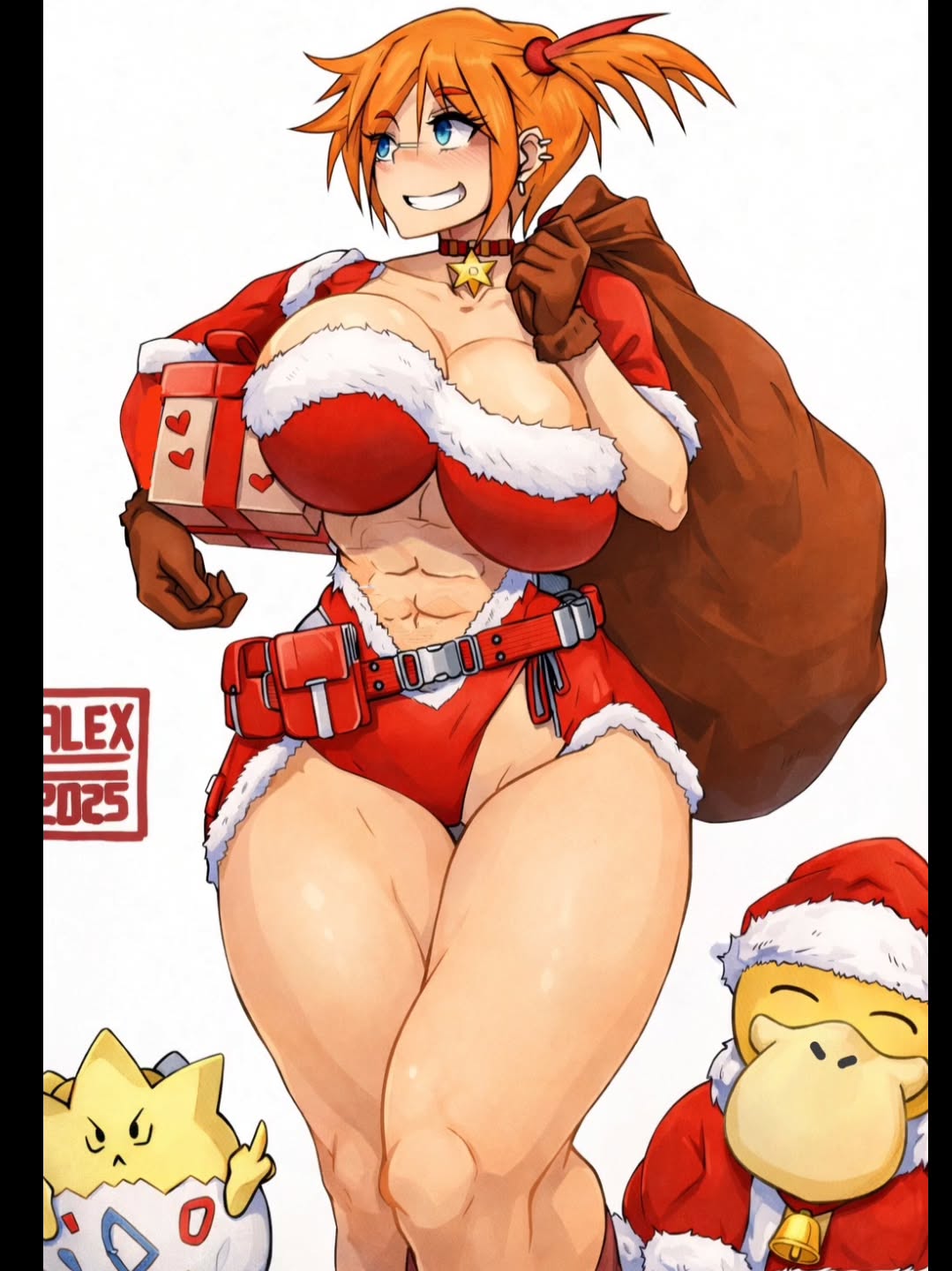 abs, aged up, ai assisted, alternate costume, artalexc, bag, bell, belt, belt pouch, black border, blue eyes, blush, border, box, breasts, brown gloves, capelet, carrying, carrying over shoulder, choker, christmas, christmas outfit, cleavage, clothing cutout, collarbone, curvy, ear piercing, earrings, female, fur trim, fur-trimmed capelet, gen 1 pokemon, gen 2 pokemon, gift, gift box, gloves, grin, hat, holding, holding gift, holding sack, huge breasts, jewelry, kasumi (pokemon), large breasts, looking to the side, midriff, misty (pokemon), muscular, muscular female, navel, neck bell, nintendo, orange hair, piercing, pokemon, pokemon (anime), pokemon (classic anime), pokemon (species), pokemon rgby, pouch, psyduck, red capelet, red choker, sack, santa costume, santa hat, short hair, side ponytail, simple background, smile, standing, thick thighs, thigh gap, thighs, thumbs up, togepi, toned, unaligned breasts, white background, wide hips