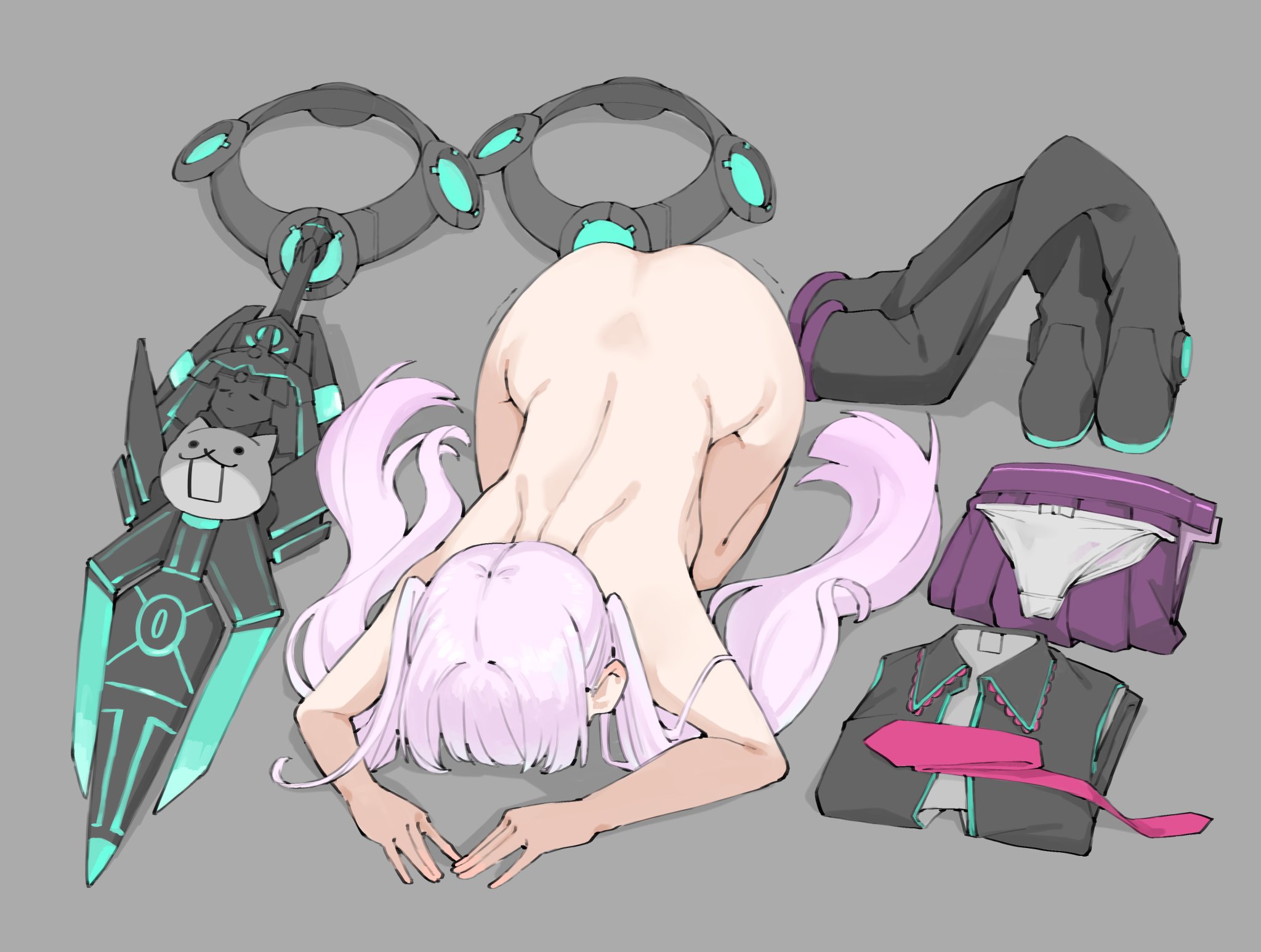 apologizing, ass, ass shake, ass up, boots, dogeza, extremely long hair, galaxy gals, kalisa (battle cats), light-skinned female, long hair, march makoto, nude, nyanko daisensou, on hands and knees, panties, pink hair, skirt, sword, teenager, the battle cats, tie, undressing