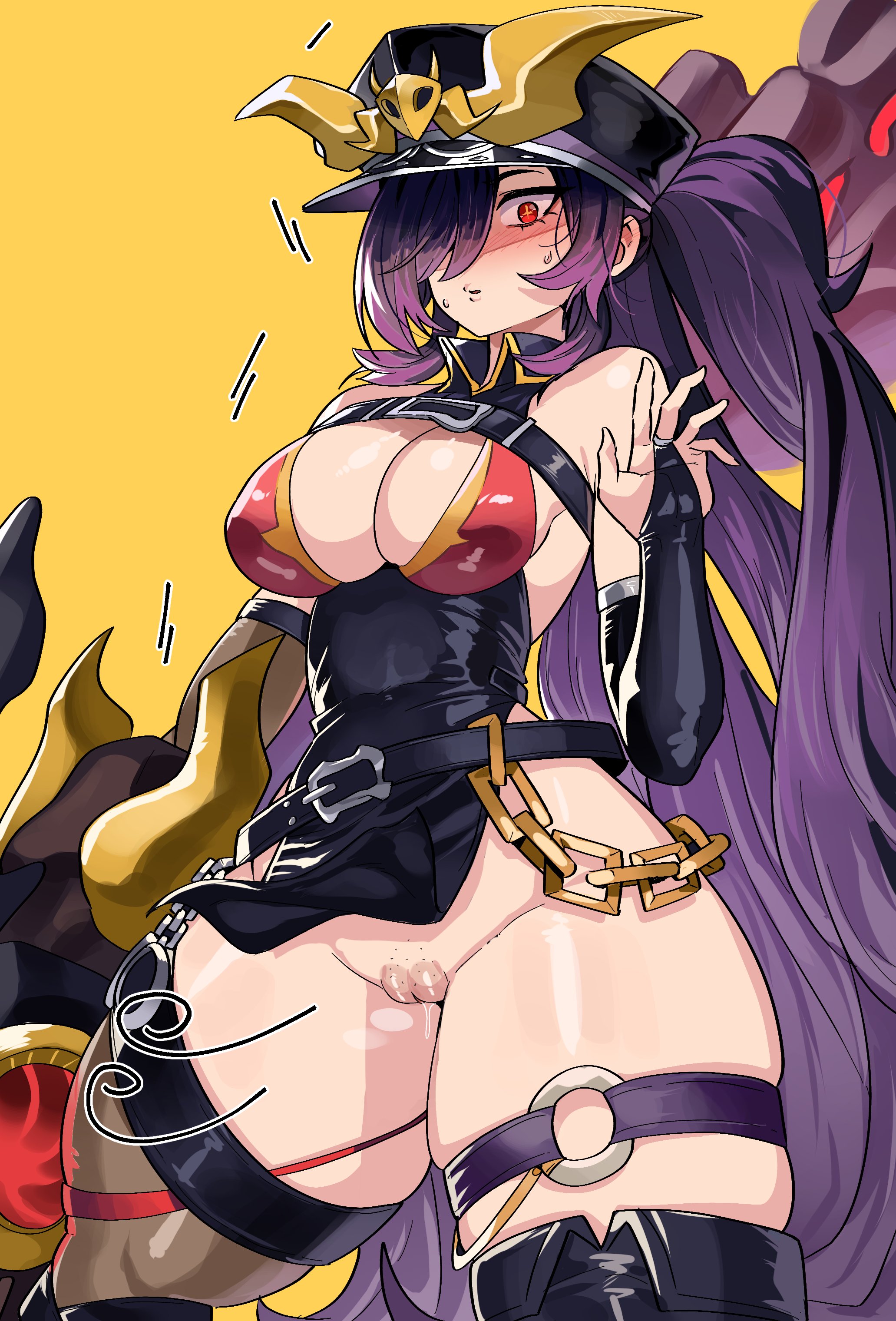 1girls, bare shoulders, black hair, breasts, cap, chains, character request, cleavage, female, gamjasssak, light-skinned female, long hair, no panties, purple hair, pussy, red eyes, surprised expression, thick thighs, thighhighs, thighs, trickcal, trickcal re:vive, two-tone hair, wide hips, yellow background