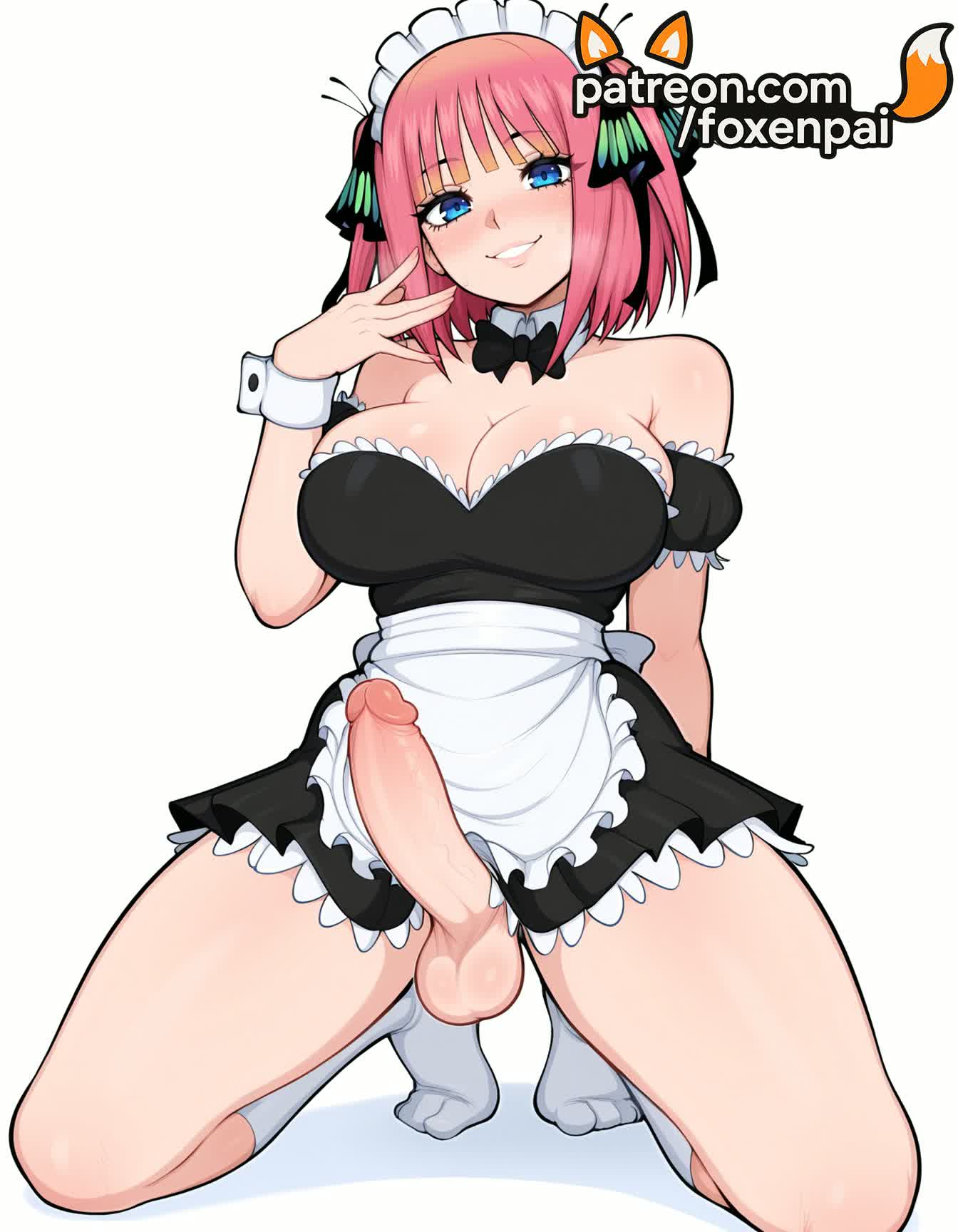 1futa, 2025, ai generated, apron, artist name, blue eyes, blush, cock, dick, enmaided, erection, foreskin, foxenpai, futanari, go-toubun no hanayome, hi res, high quality, high resolution, highres, maid, maid headdress, nakano nino, patreon, patreon username, penis, phimosis, pink hair, precum, smile, solo, squatting, stable diffusion, testicles, uncensored, waist apron, watermark, white apron, wrist cuffs