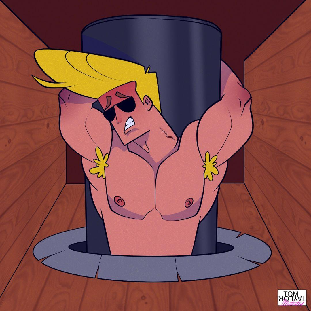 1boy, armpit hair, armpits, arms behind head, arms up, bara, biceps, blonde hair, blush, brothel, cartoon network, czech gay fantasy, gay, glory hole, glory hole station, glory wall, johnny bravo, johnny bravo (series), male, male focus, male only, muscular, muscular male, nervous, nipples, no visible genitalia, parody, pecs, reference, submissive, submissive male, sunglasses, tied hands, tied up, tom taylor illustrated, yaoi