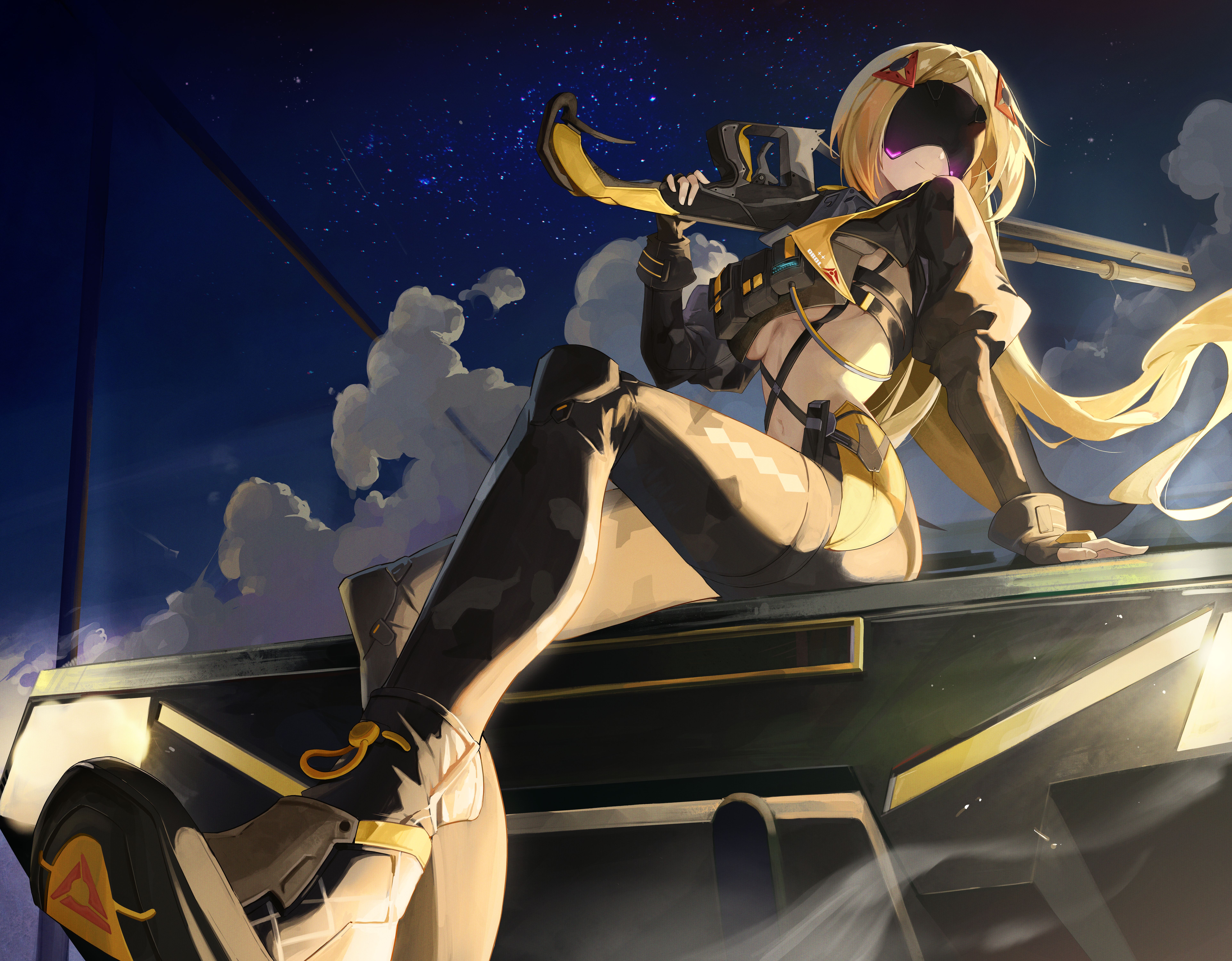 absurdres, black pants, black shoes, blindfold mask, blonde hair, breasts, camouflage, camouflage jacket, camouflage pants, chowol, covered eyes, eye mask, female, female only, glowing mask, gun, highres, holding, holding weapon, jacket, long hair, mask, medium breasts, midriff, night, pants, rifle, shoes, sitting, sky, smile, sniper rifle, solo, trigger (zenless zone zero), underboob, weapon, zenless zone zero