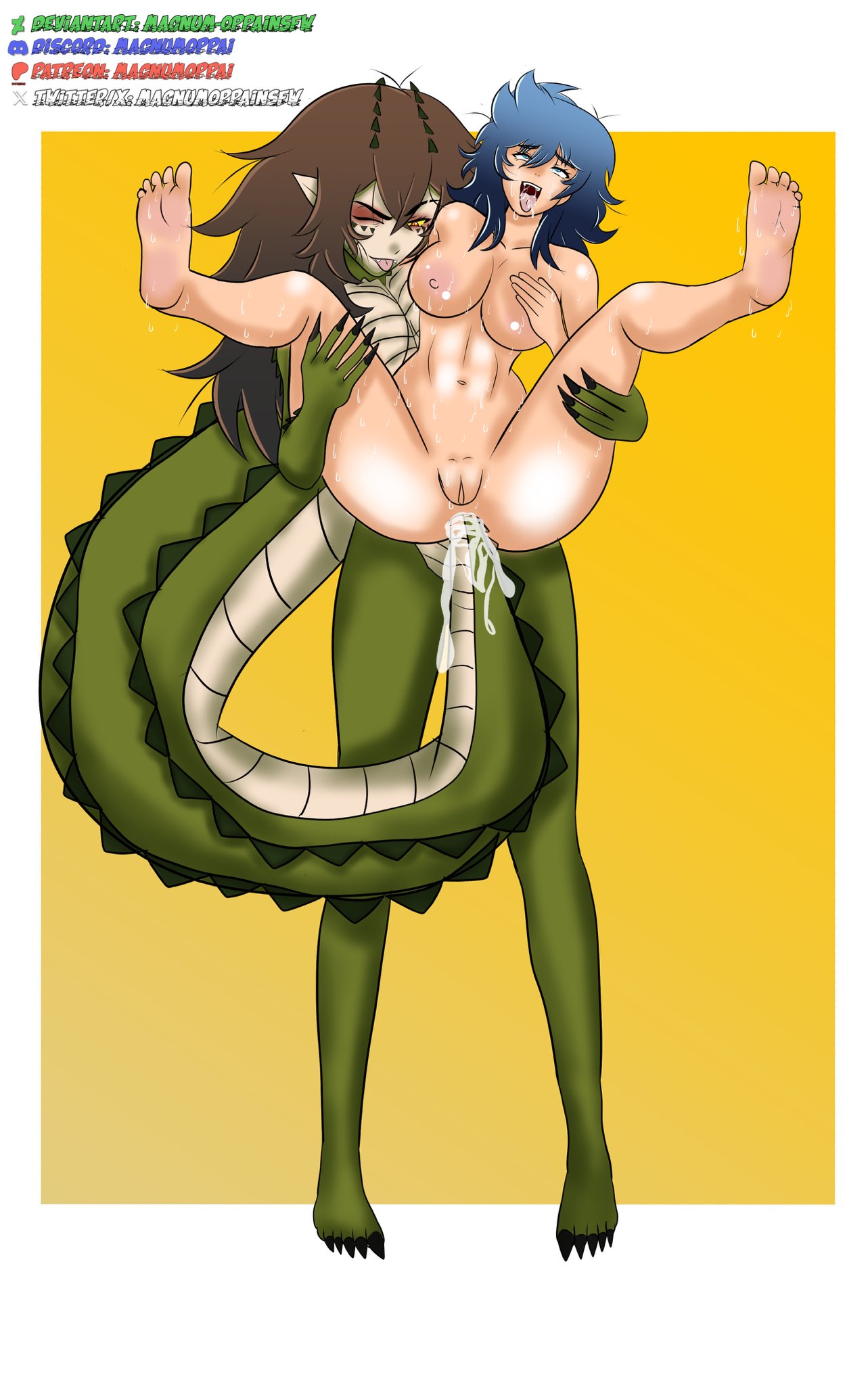 2girls, ahe gao, ahegao, ahegao face, anal, anal insertion, anal penetration, areolae, beastiez, blue hair, breasts, brown hair, carrying, carrying partner, completely nude, crocodile, crocodile girl, crocodile tail, crocodilian, feet, feet up, female, female only, green scales, green skin, humanoid, indie virtual youtuber, kairyu crocodile, kendra (magnum oppai), light skin, light-skinned female, lizard girl, lizard humanoid, long hair, magnum oppai, nipples, nude, nude female, original character, red eyes, scalie, scalie humanoid, sweat, sweatdrop, sweating, sweaty, sweaty body, tail in ass, tail sex, virtual youtuber, vtuber, yellow sclera, yuri