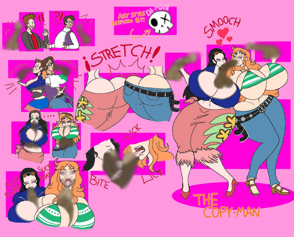 anime, ass bigger than head, ass expansion, balls, big penis, bimbo, bimbofication, biting dick, black hair, blowjob, blur censor, breast growth, breasts bigger than head, censored, censored penis, dick, female, hair color change, hair growth, high heels, hypnosis, kissing, licking, licking penis, male, mental transformation, mind break, mtf transformation, nami (one piece), nico robin, one piece, orange hair, penguinhank, penis, pink background, sucking, sunglasses, transformation
