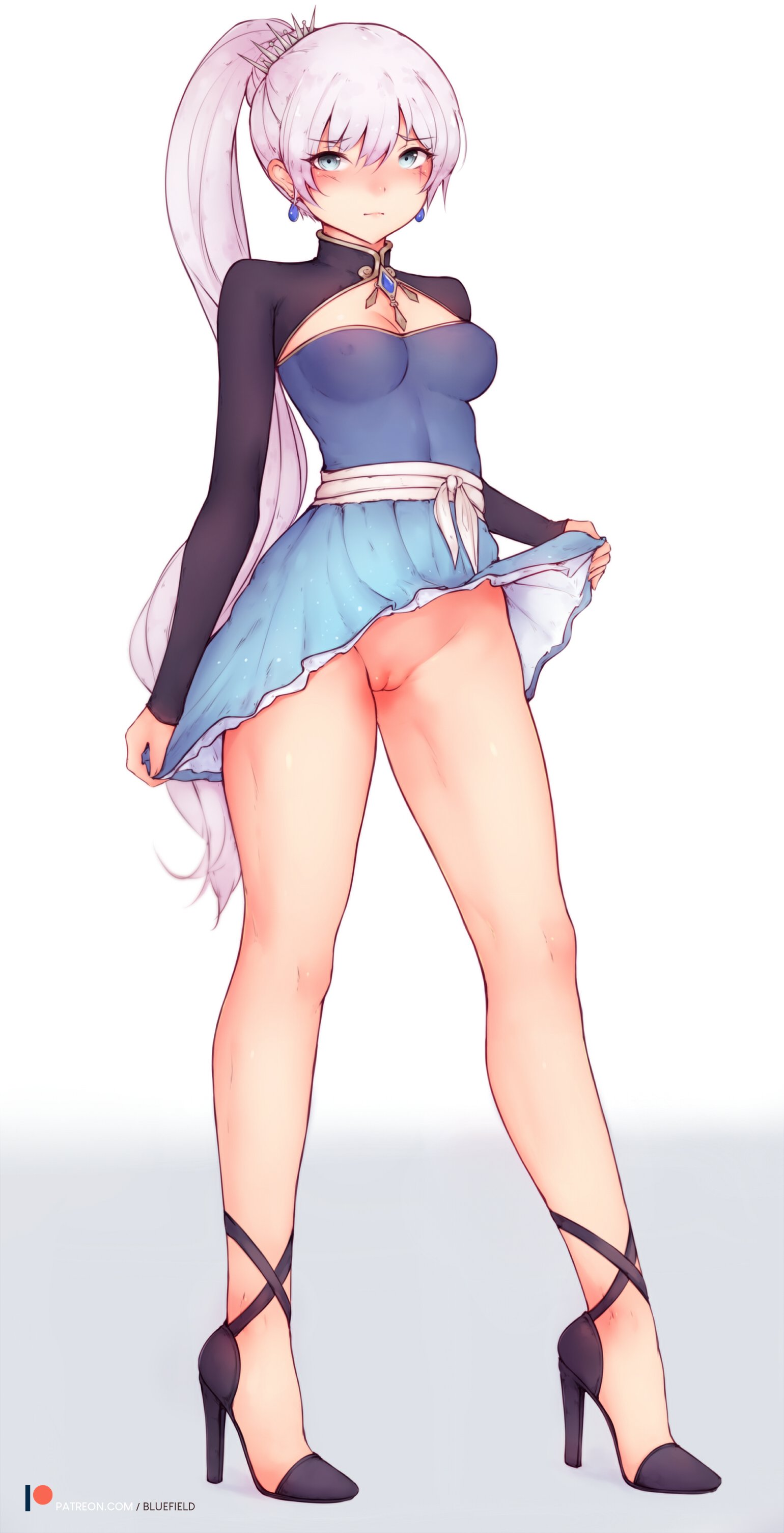 1girls, bluefield, breasts, cleavage, embarrassed, female, female only, fully clothed, high heels, human, looking at viewer, no bra, no panties, pussy, rwby, scar, skirt, skirt lift, solo, tagme, weiss schnee, white hair