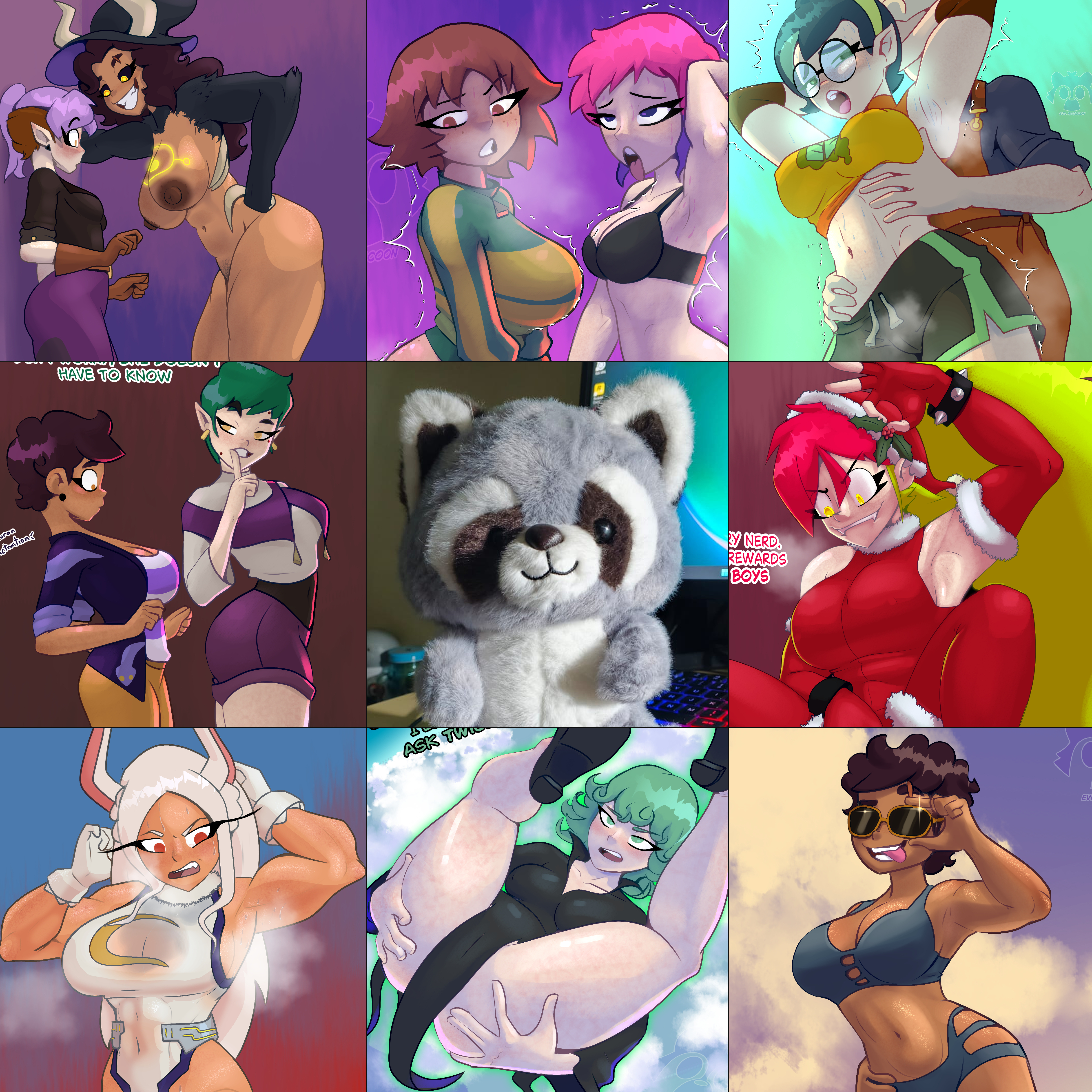 armpits, ass focus, big ass, big breasts, bikini, boku no hero academia, christmas outfit, collage, dark skin, demencia (villainous), emira blight, evil raccoon, green eyes, green hair, hunter (the owl house), kim pine, latina, long hair, luz noceda, massive breasts, mirko, miruko, muscles, muscular, my hero academia, nipples, one-punch man, pale skin, pink hair, pointy ears, ramona flowers, red hair, rumi usagiyama, scott pilgrim, scott pilgrim takes off, short hair, sweat, sweating, tatsumaki, the owl house, titan luz, usagiyama rumi, willow park, witch, witch hat