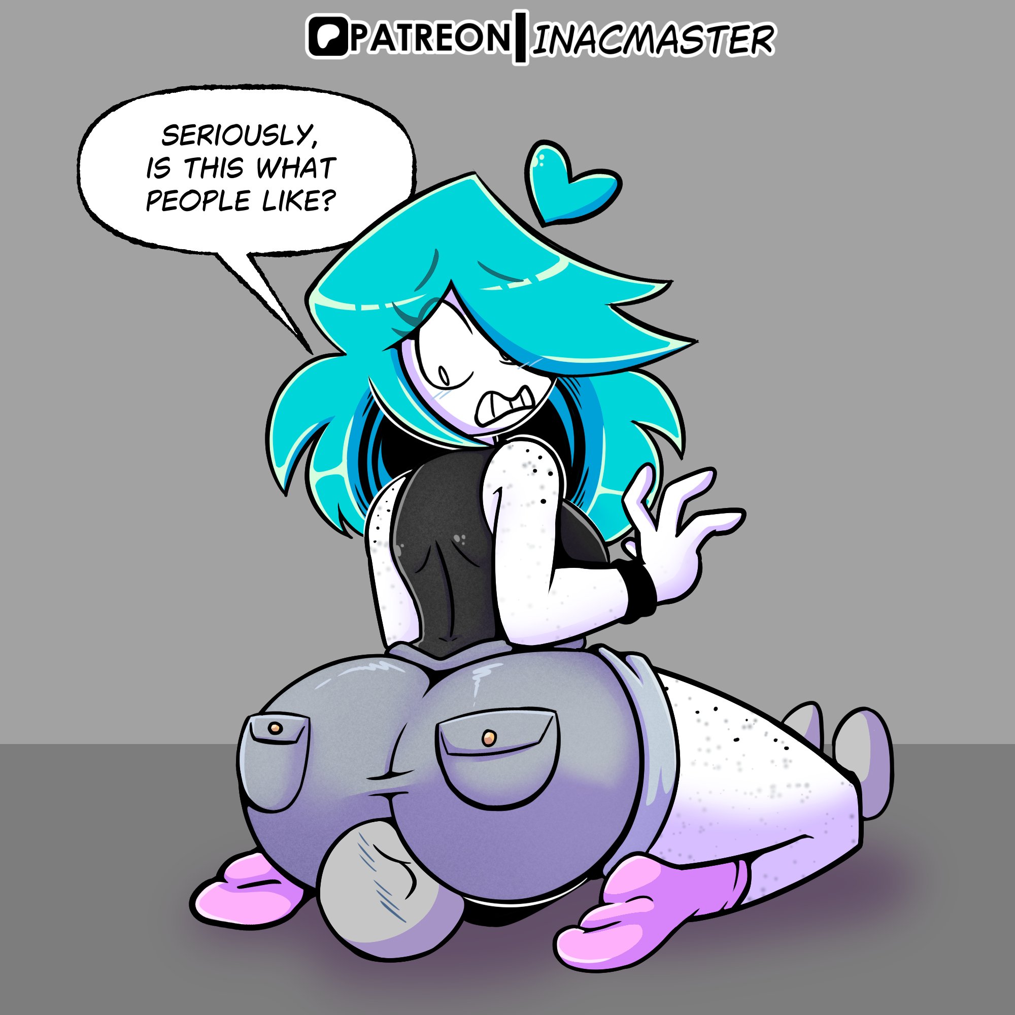 1boy, 1girls, anon, anonymous male, ass, ass focus, bare shoulders, booty shorts, breasts, bubble butt, cyan hair, daisy dukes, dialogue, dumptruck ass, facesitting, female, grey skin, grey skinned male, inacmaster, large ass, large breasts, long hair, looking back, male, nerida (inacmaster), pink socks, short shorts, sideboob, socks, spankable ass, speech bubble, white skin, white skinned female
