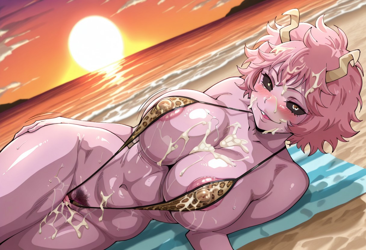 ai generated, ass, beach, big ass, boku no hero academia, breasts, cum, cum on body, cum on breasts, cum on face, curly hair, female, gode777ai, horns, lying, lying on side, mina ashido, my hero academia, nipples, pink hair, pink skin, pubic hair, sea, short hair, slingshot swimsuit, solo, sunset