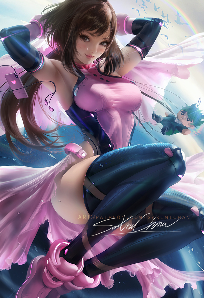 1girls, alluring, asian, big breasts, bob cut, breasts, brown hair, brown-haired female, cleavage, female, female only, hourglass figure, lipstick, looking at viewer, my hero academia, ochako uraraka, sakimichan, solo, thighhighs
