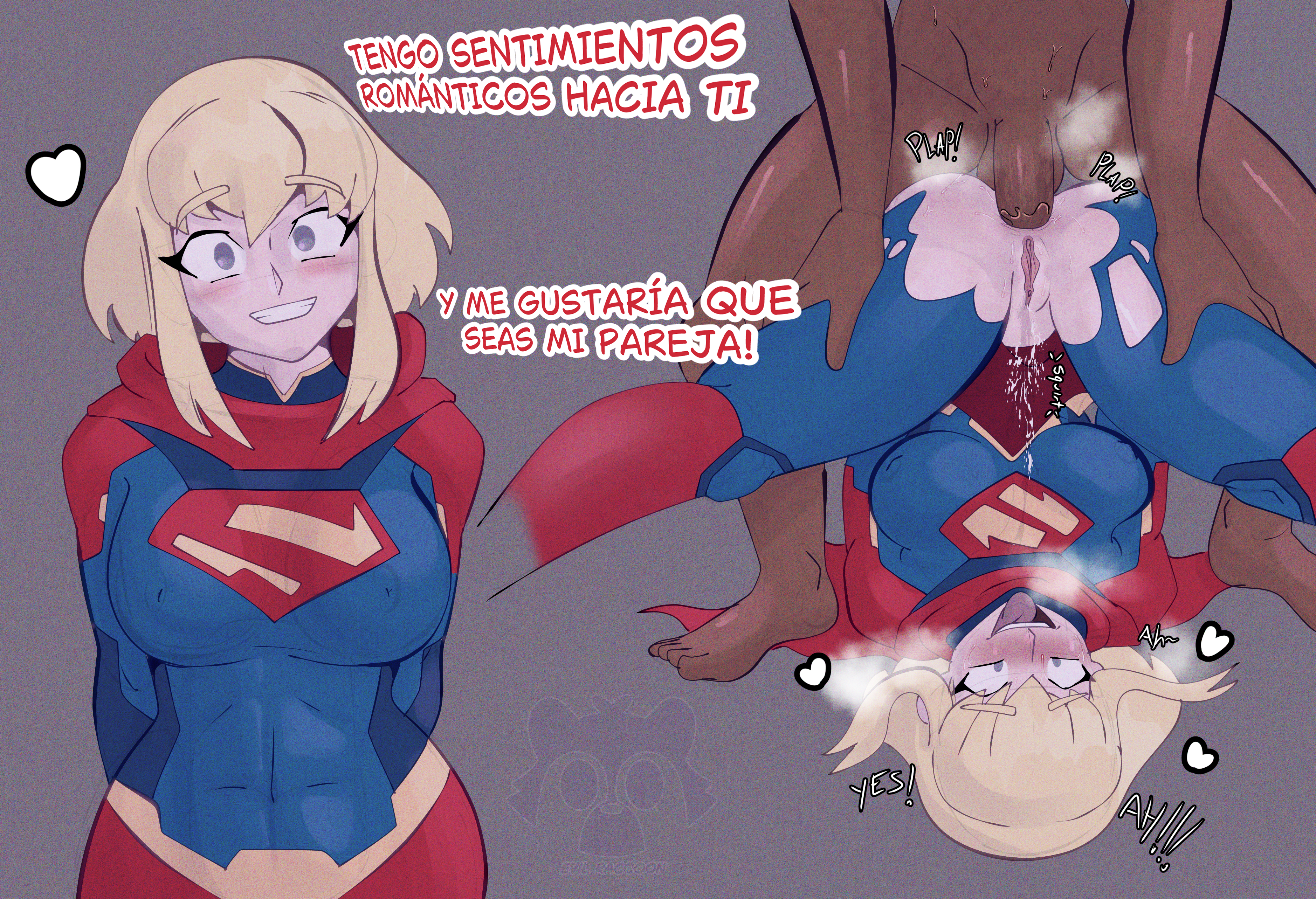 big breasts, blonde female, blonde hair, blue eyes, dc, dc comics, dialogue, evil raccoon, massive breasts, my adventures with superman, pale skin, sex, spanish text, supergirl, superheroine, superman (series), thick legs, thick thighs